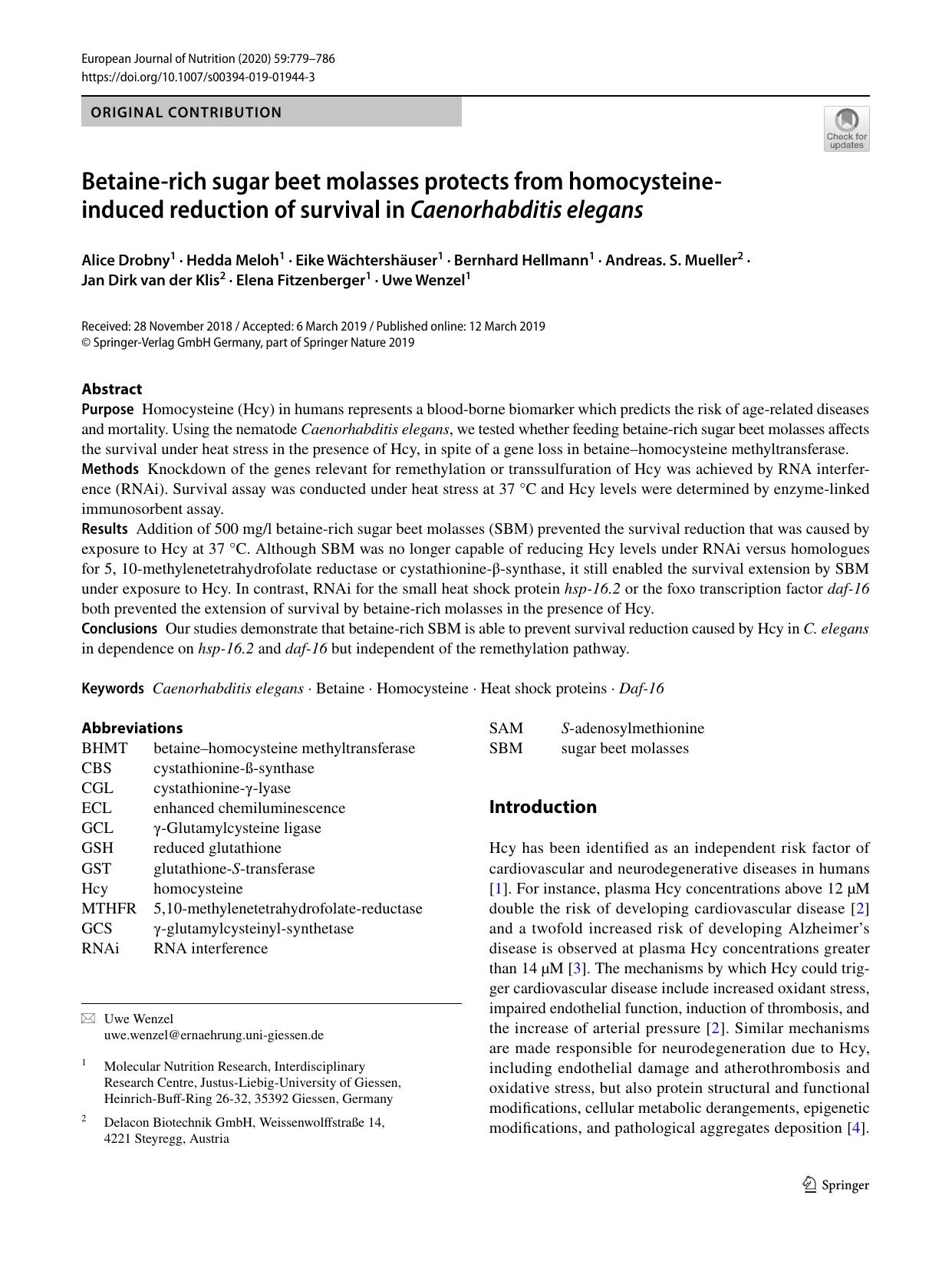 Betaine-rich sugar beet molasses protects from homocysteine-induced reduction of survival in Caenorhabditis elegans by unknow