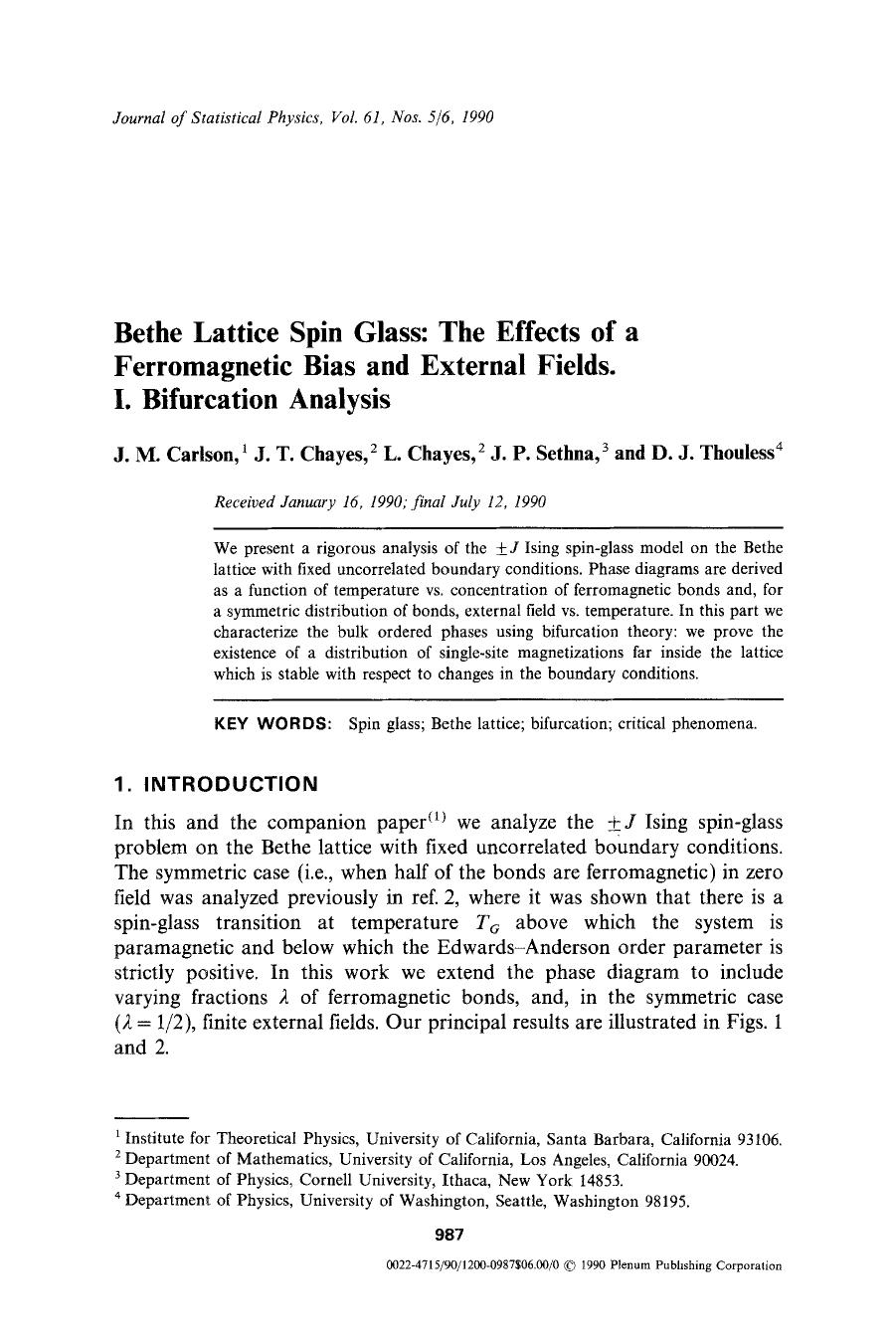 Bethe lattice spin glass: The effects of a ferromagnetic bias and external fields. I. Bifurcation analysis by Unknown