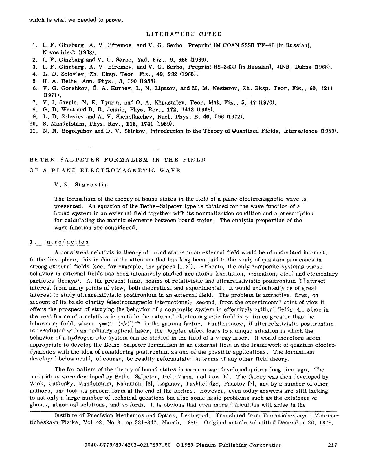 Bethe-Salpeter formalism in the field of a plane electromagnetic wave by Unknown