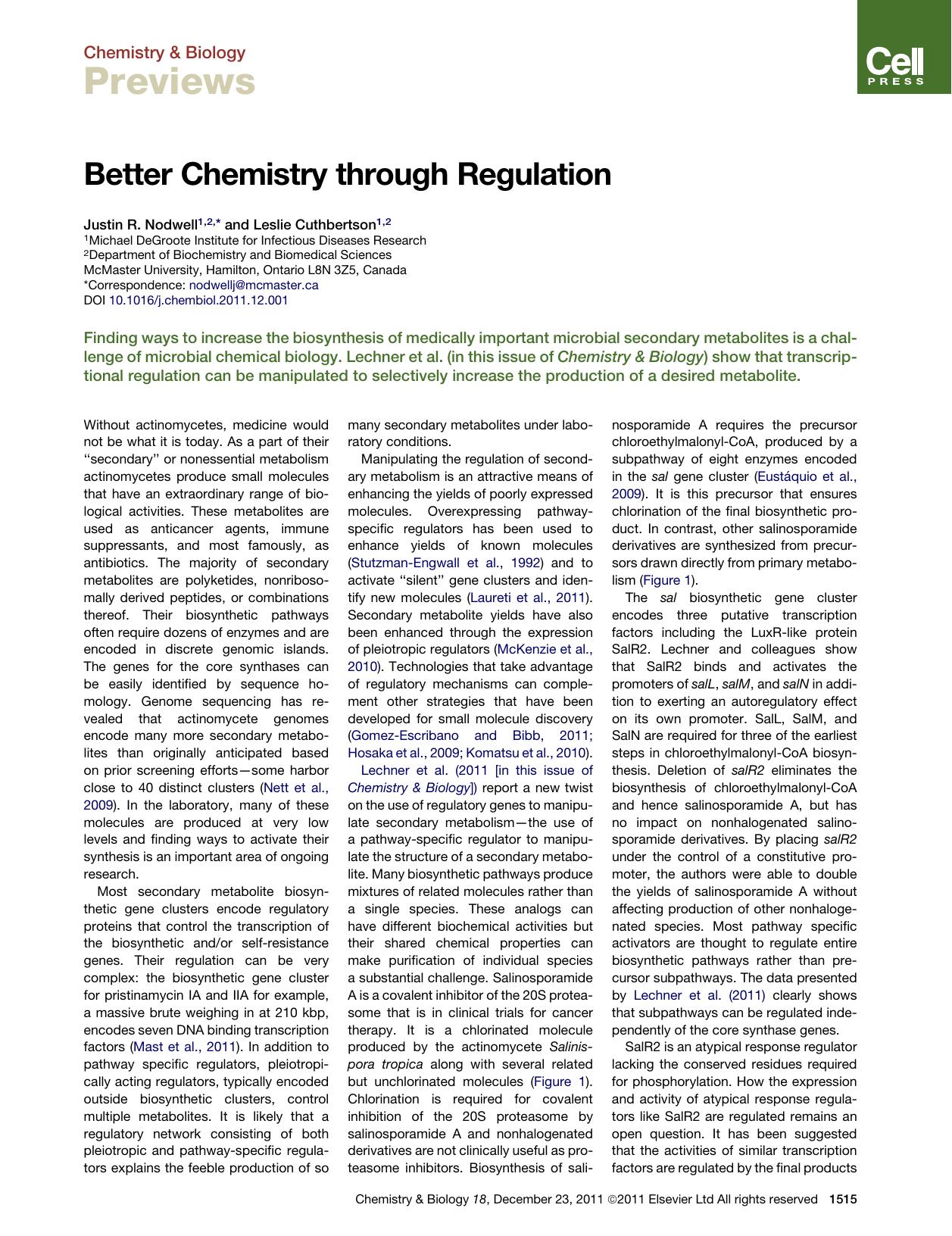 Better Chemistry through Regulation by Justin R. Nodwell & Leslie Cuthbertson
