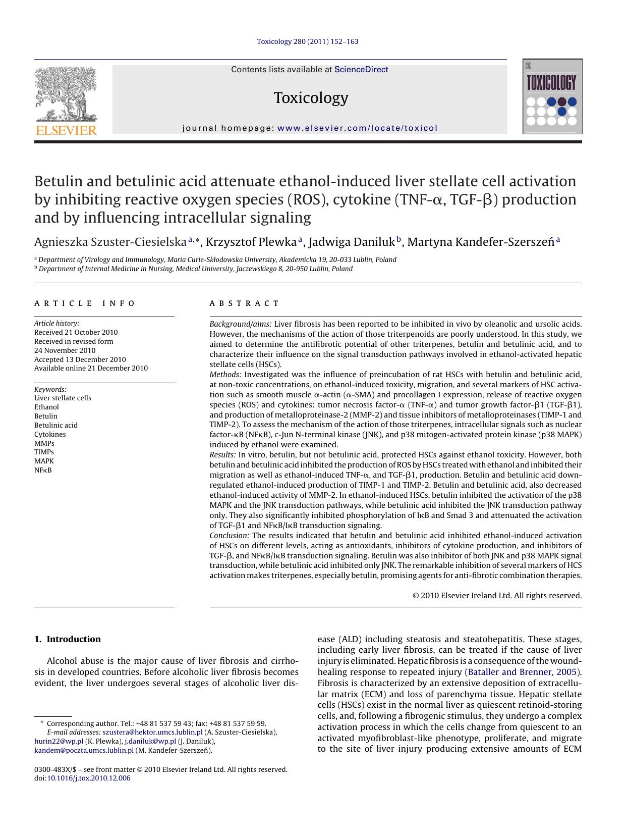 Betulin and betulinic acid attenuate ethanol-induced liver stellate cell activation by inhibiting reactive oxygen species (ROS), cytokine (TNF-Î±, TGF-Î²) production and by inf by Agnieszka Szuster-Ciesielska