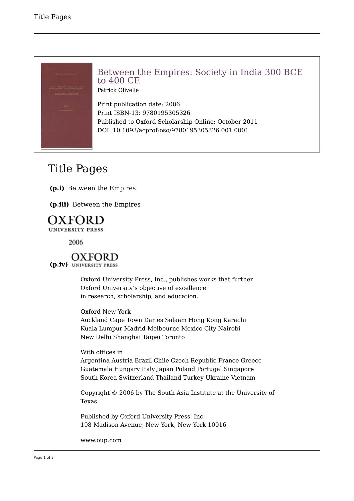 Between the Empires: Society in India 300 BCE to 400 CE by Patrick Olivelle
