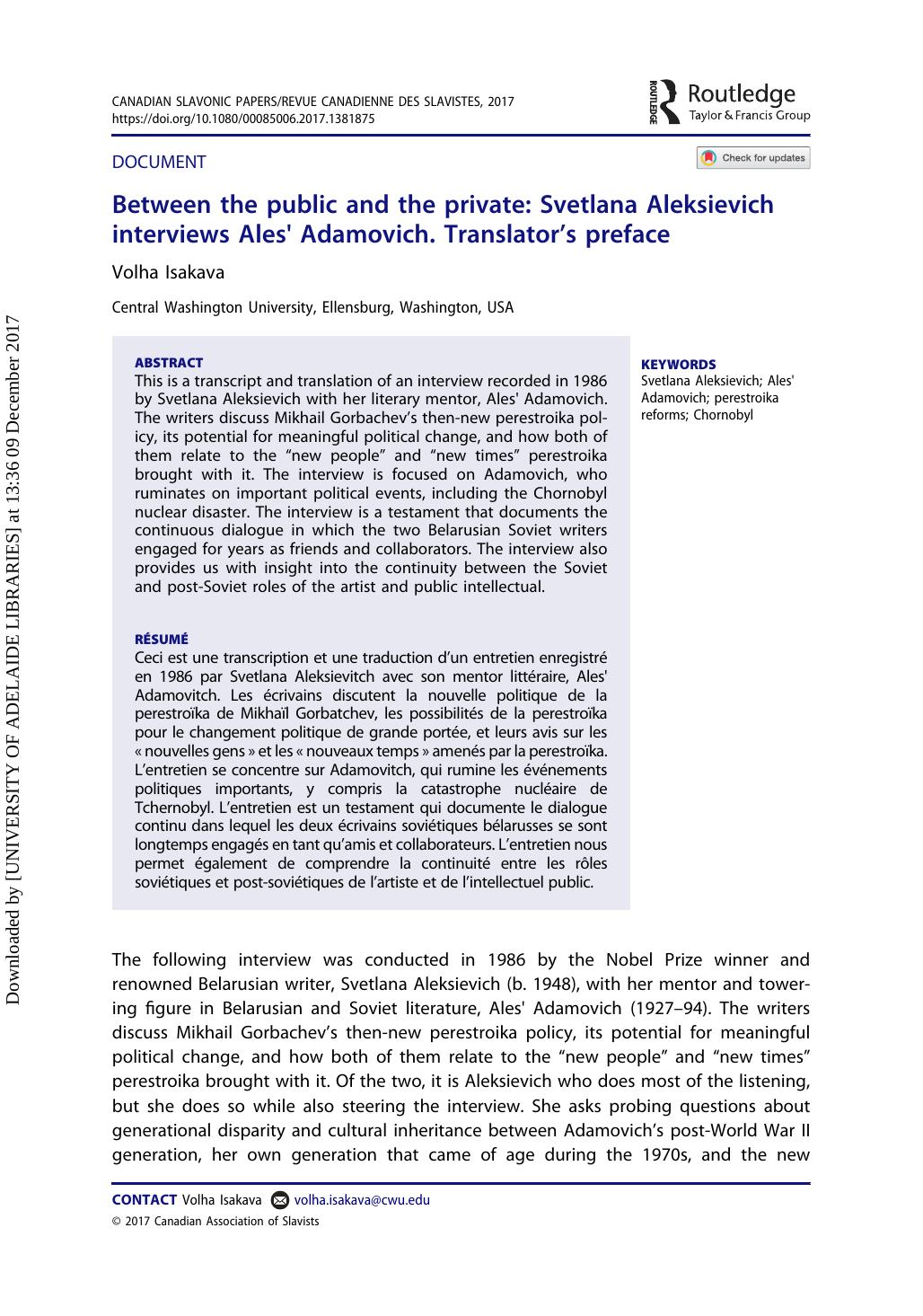 Between the public and the private: Svetlana Aleksievich interviews Ales' Adamovich. Translatorâs preface by Volha Isakava