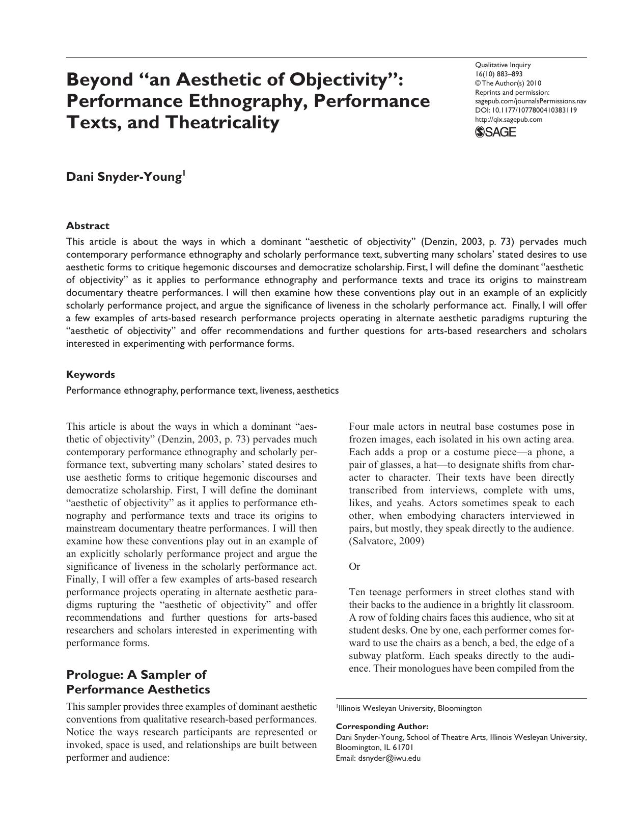 Beyond 'an Aesthetic of Objectivity'. Performance Ethnography, Performance Texts, and Theatricality by Snyder-Young D