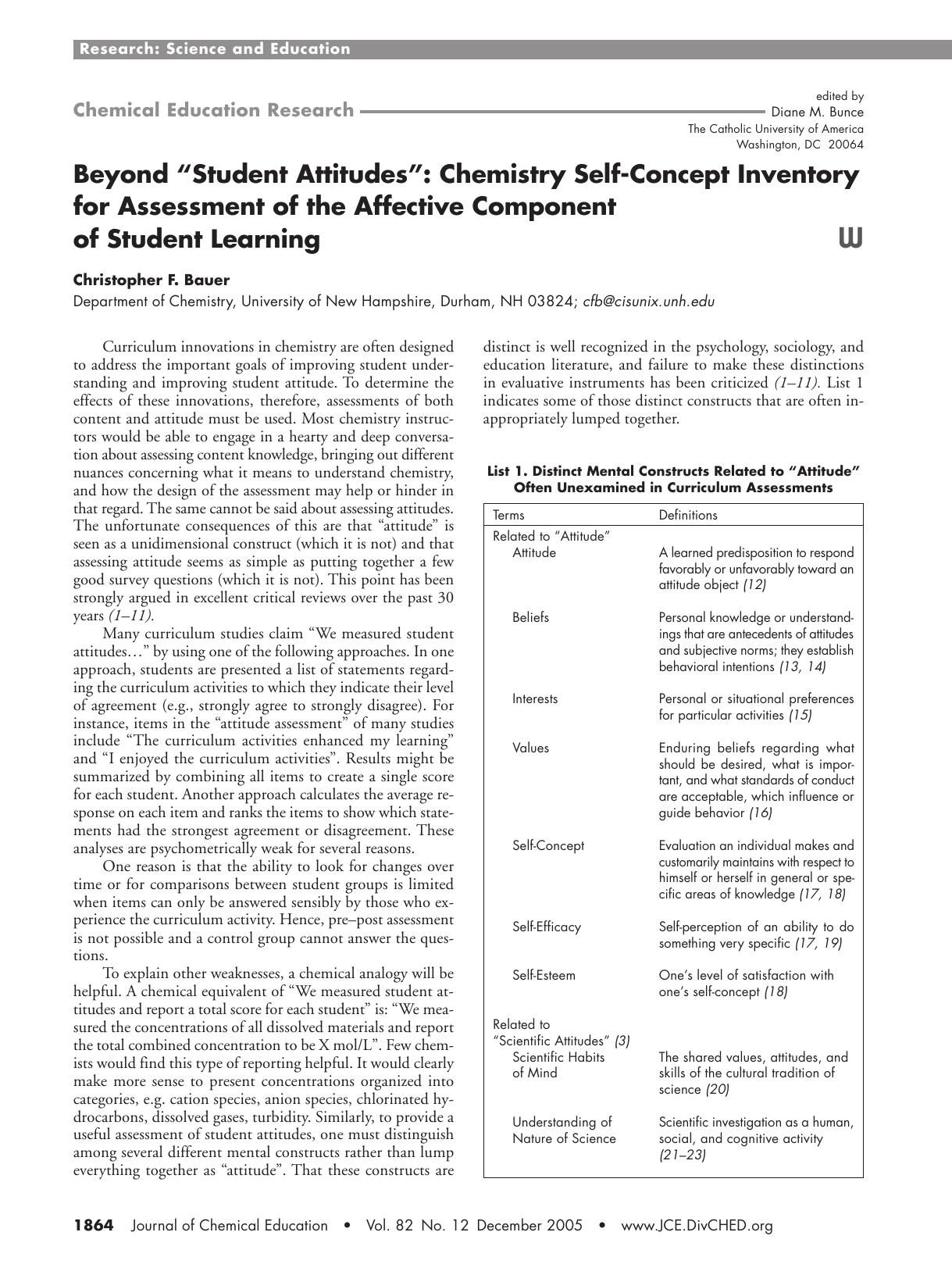 Beyond ÃStudent AttitudesÃ: Chemistry Self-Concept Inventory for Assessment of the Affective Component of Student Learning by Christopher F. Bauer