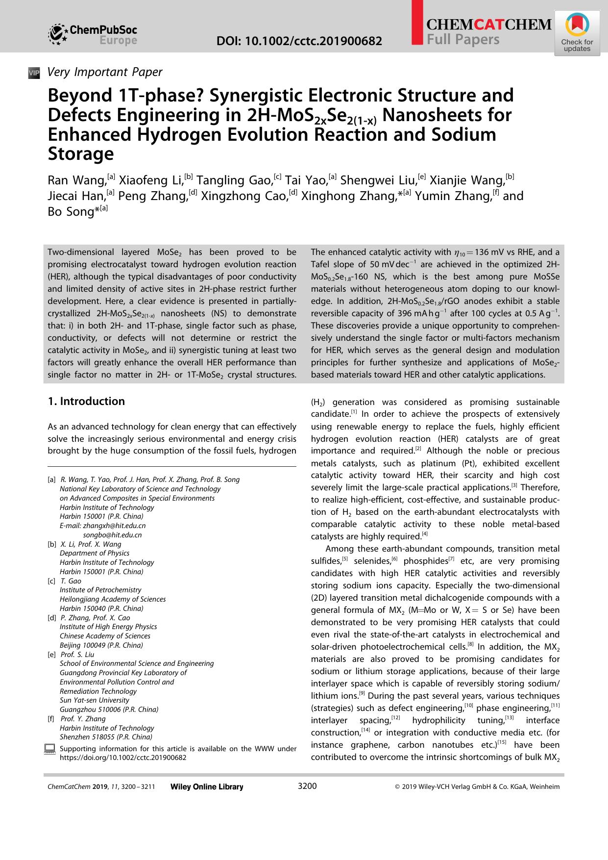 Beyond 1Tâphase? Synergistic Electronic Structure and Defects Engineering in 2HâMoS2xSe2(1âx) Nanosheets for Enhanced Hydrogen Evolution Reaction and Sodium Storage by Unknown