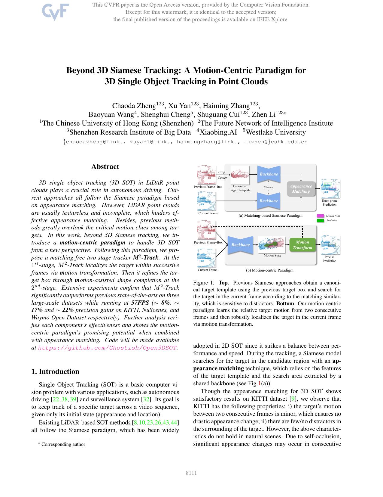 Beyond 3D Siamese Tracking: A Motion-Centric Paradigm for 3D Single Object Tracking in Point Clouds by Chaoda Zheng & Xu Yan & Haiming Zhang & Baoyuan Wang & Shenghui Cheng & Shuguang Cui & Zhen Li