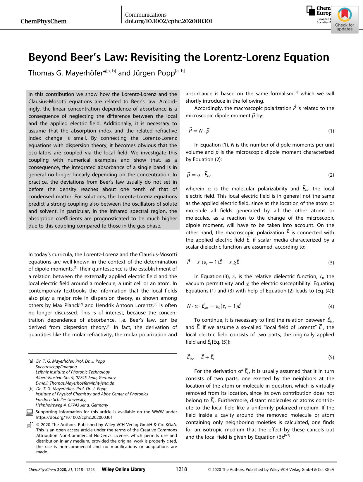 Beyond Beer's Law: Revisiting the LorentzâLorenz Equation by Unknown