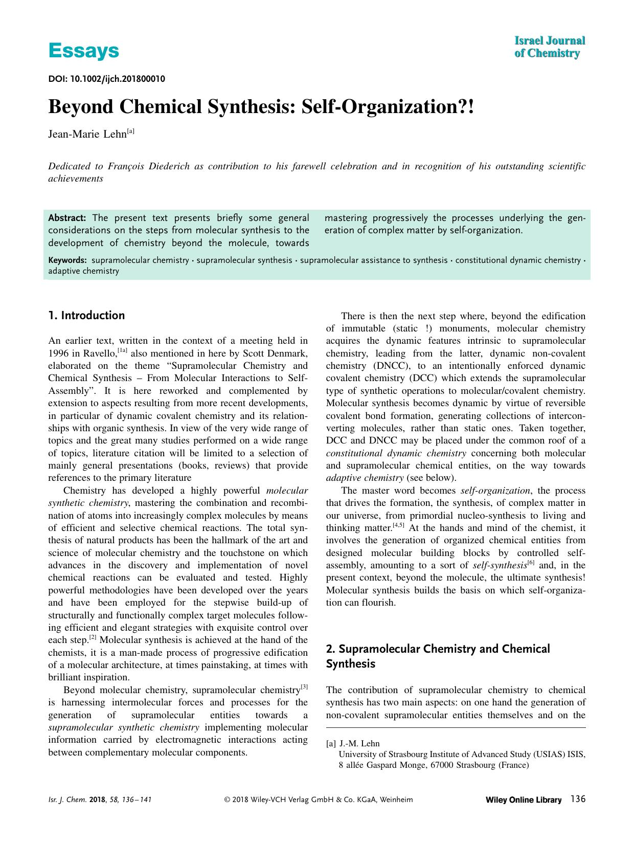 Beyond Chemical Synthesis: SelfâOrganization?! by Unknown