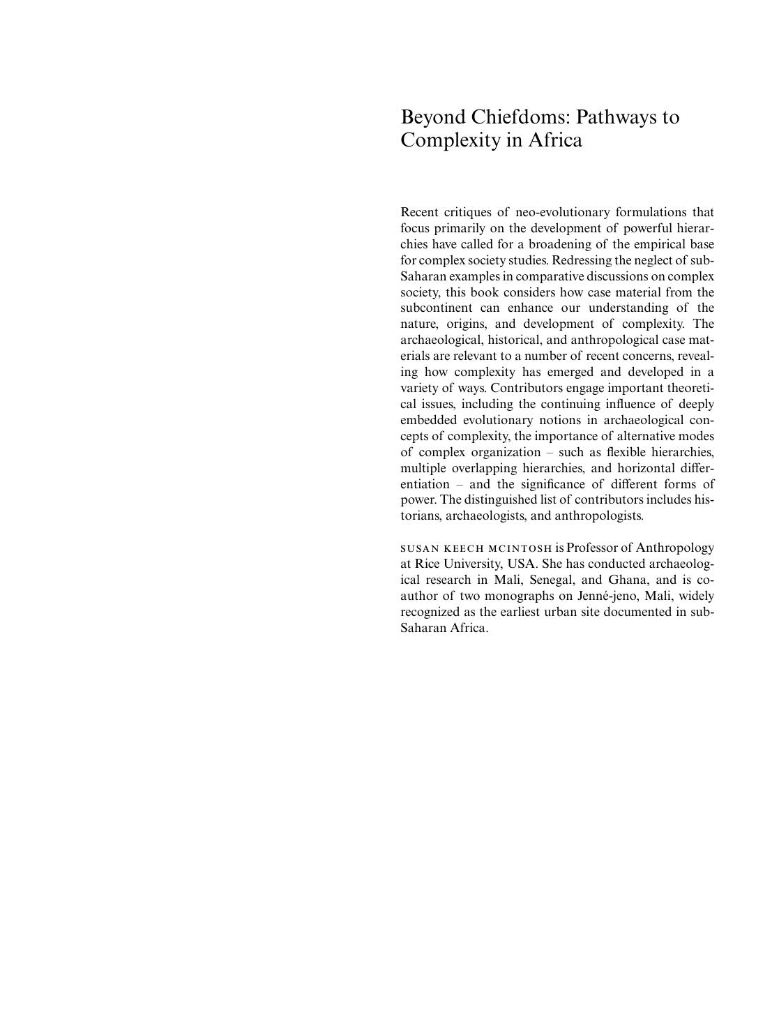 Beyond Chiefdoms: Pathways to Complexity in Africa (New Directions in Archaeology) by Susan Keech McIntosh