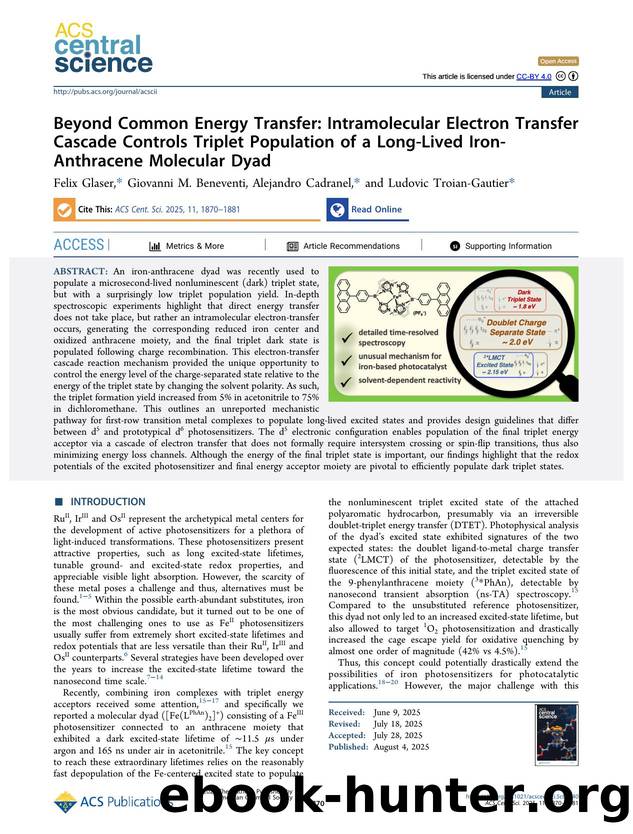 Beyond Common Energy Transfer: Intramolecular Electron Transfer Cascade Controls Triplet Population of a Long-Lived Iron-Anthracene Molecular Dyad by Felix Glaser & Giovanni M. Beneventi & Alejandro Cadranel & Ludovic Troian-Gautier