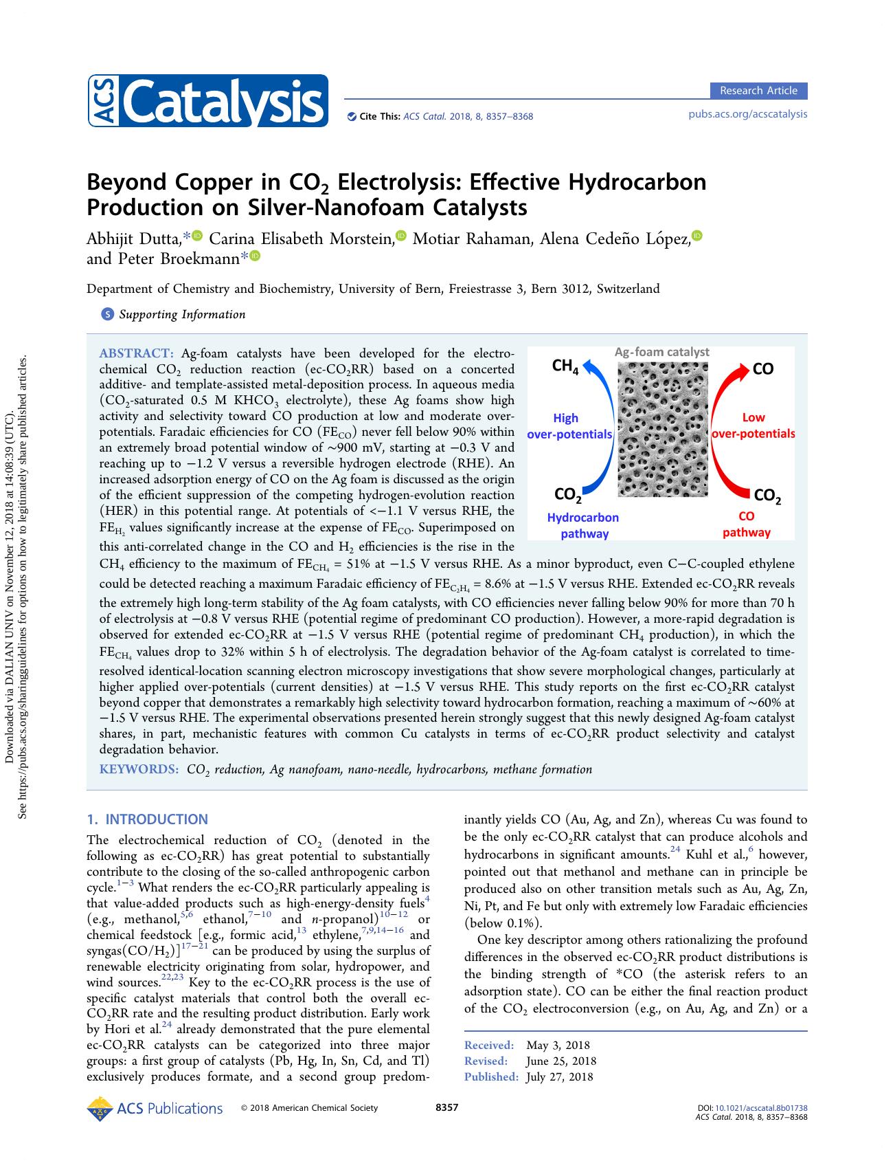 Beyond Copper in CO2 Electrolysis: Effective Hydrocarbon Production on Silver-Nanofoam Catalysts by unknow