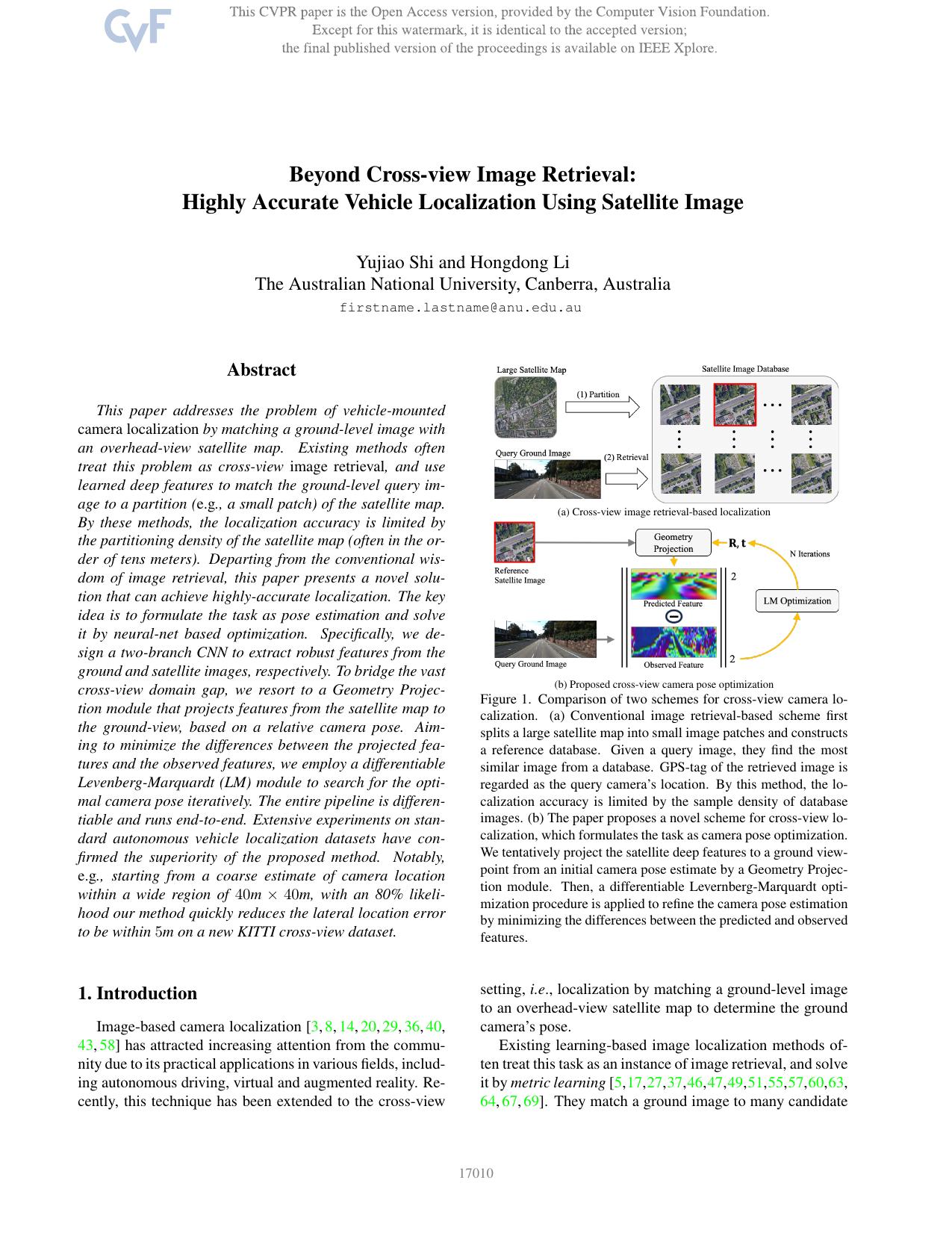 Beyond Cross-View Image Retrieval: Highly Accurate Vehicle Localization Using Satellite Image by Yujiao Shi & Hongdong Li