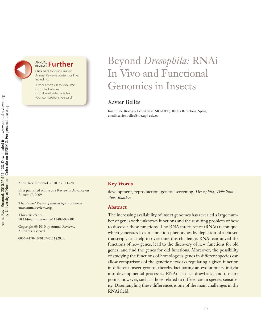 Beyond Drosophila: RNAi In Vivo and Functional Genomics in Insects by Xavier Bellés