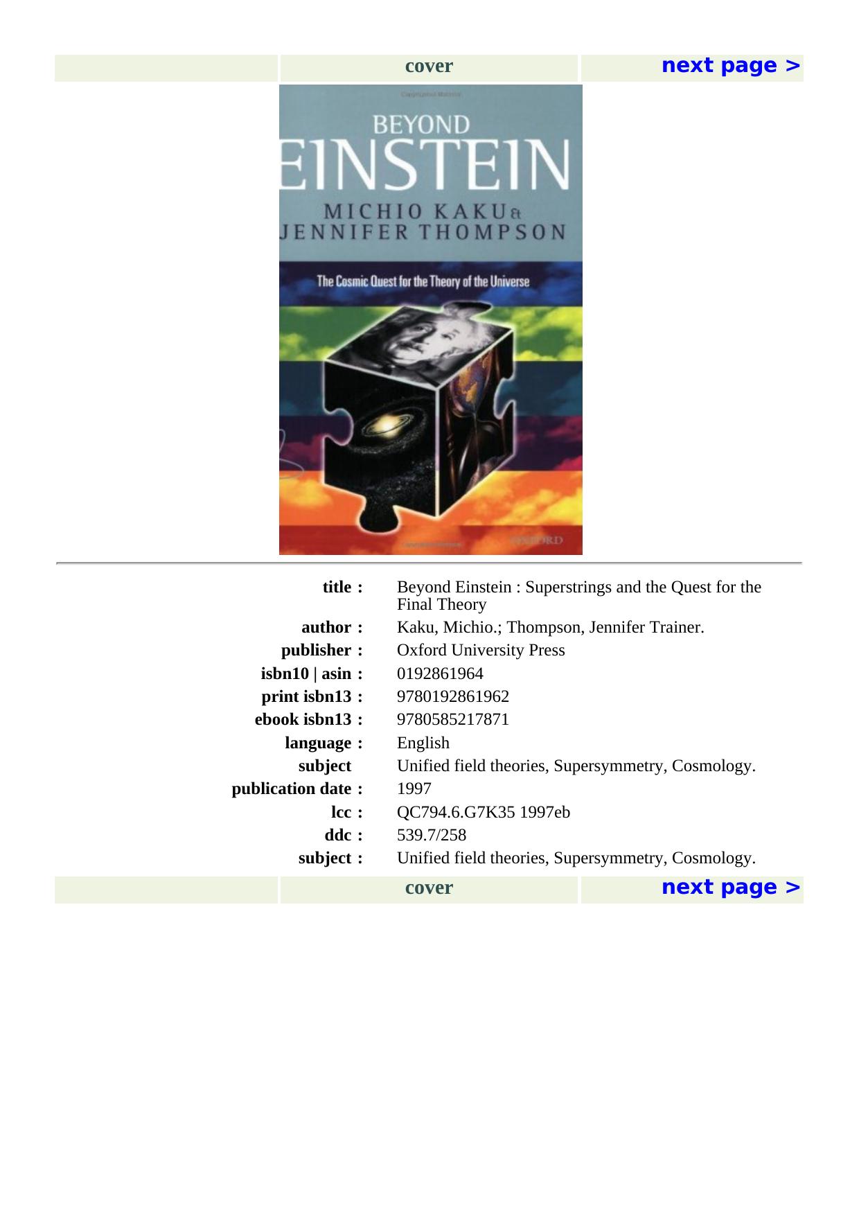 Beyond Einstein: Superstrings and the Quest for the Final Theory by Unknow