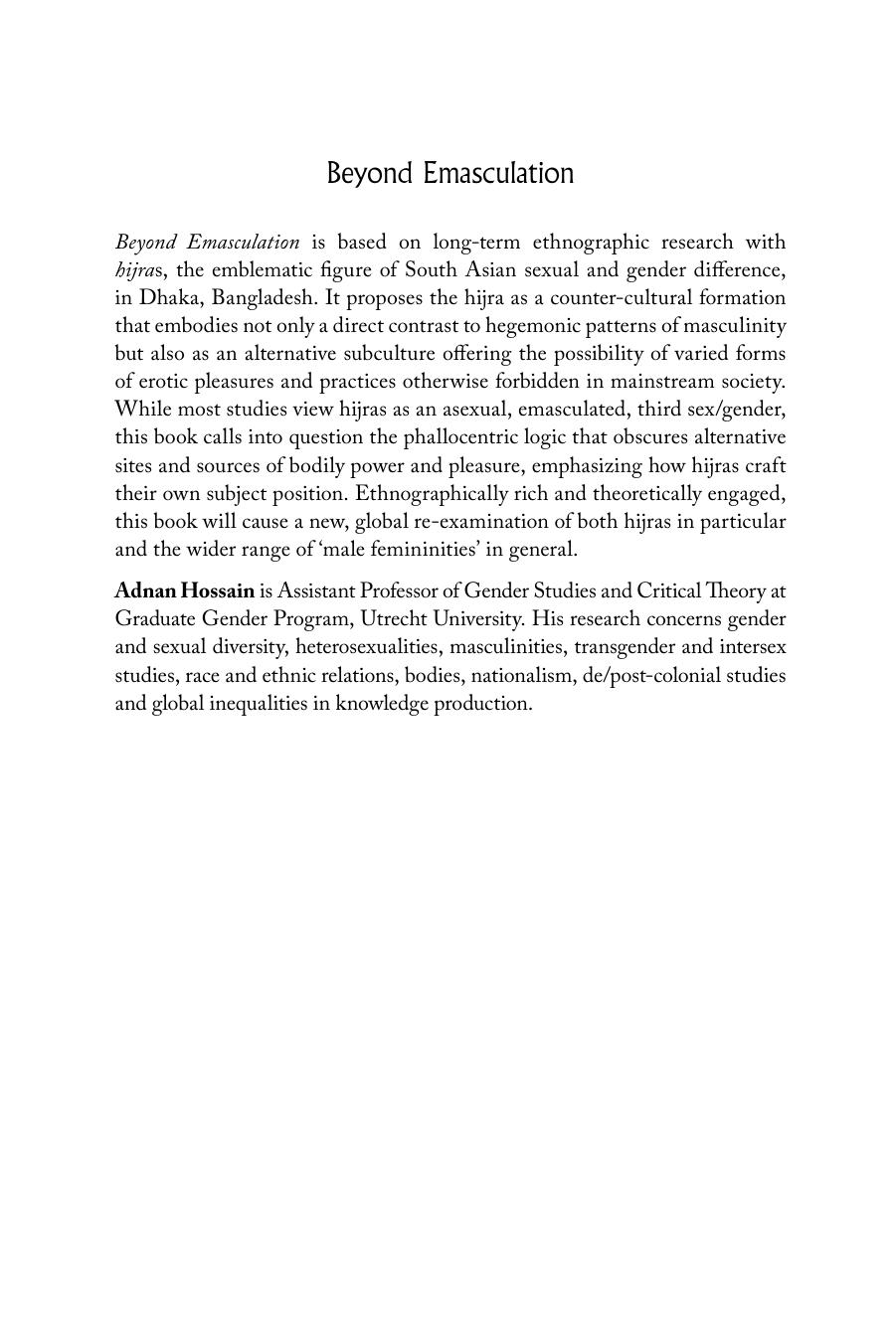 Beyond Emasculation: Pleasure and Power in the Making of hijra in Bangladesh by Adnan Hossain