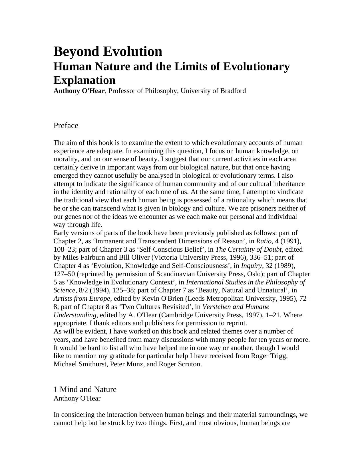 Beyond Evolution by Anthony O'Hear