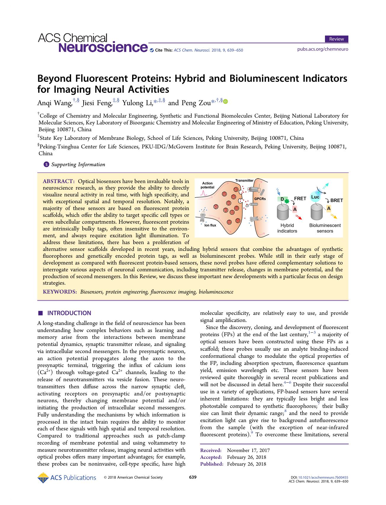 Beyond Fluorescent Proteins: Hybrid and Bioluminescent Indicators for Imaging Neural Activities by Anqi Wang Jiesi Feng Yulong Li and Peng Zou