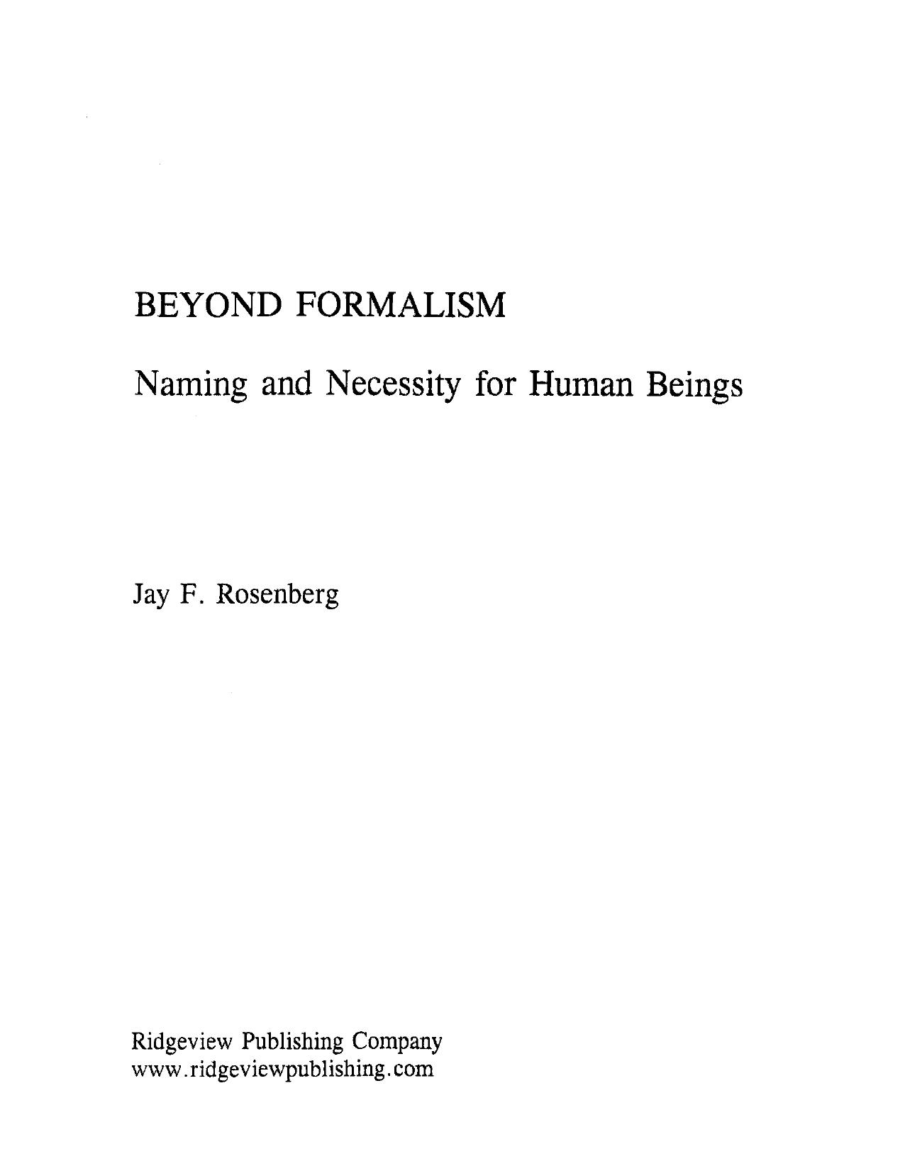 Beyond Formalism: Naming and Necessity for Human Beings by Rosenberg Jay F
