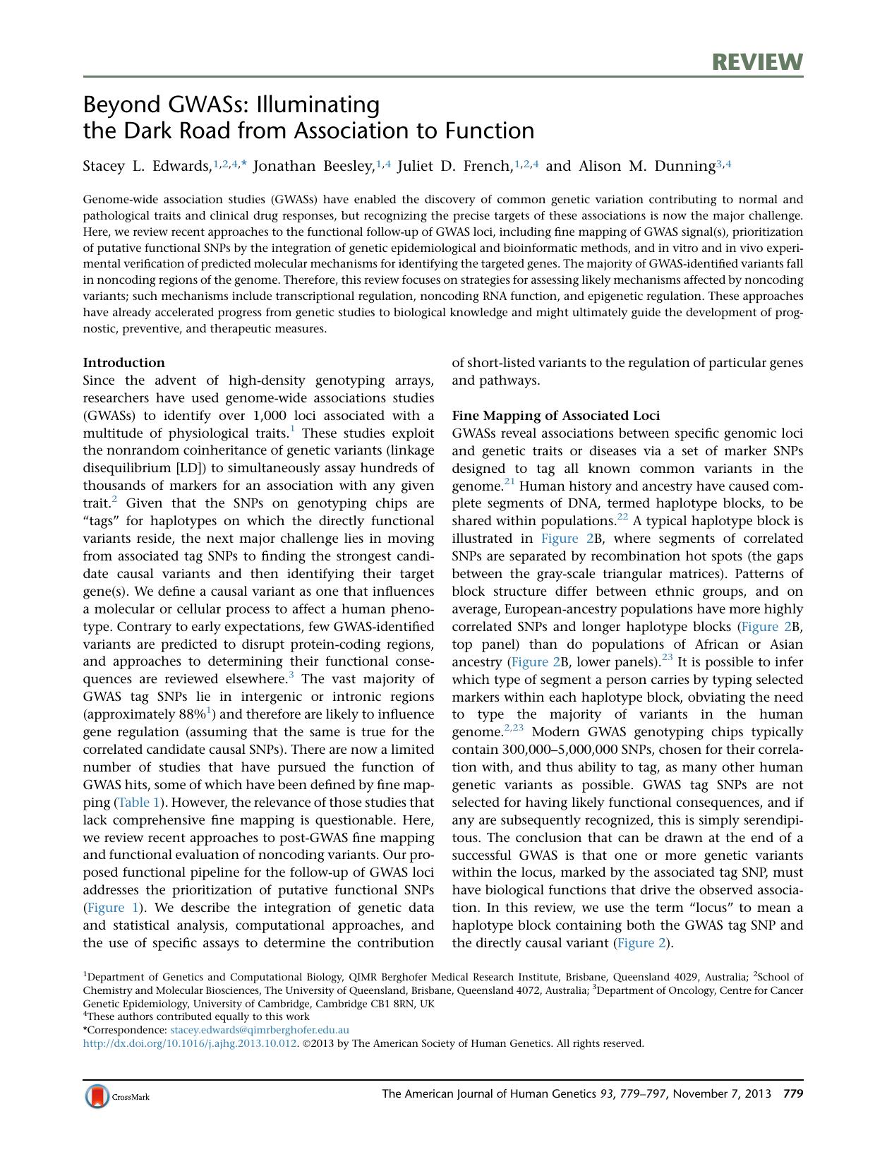 Beyond GWASs: Illuminating the Dark Road from Association to Function by Stacey L. Edwards & Jonathan Beesley & Juliet D. French & Alison M. Dunning