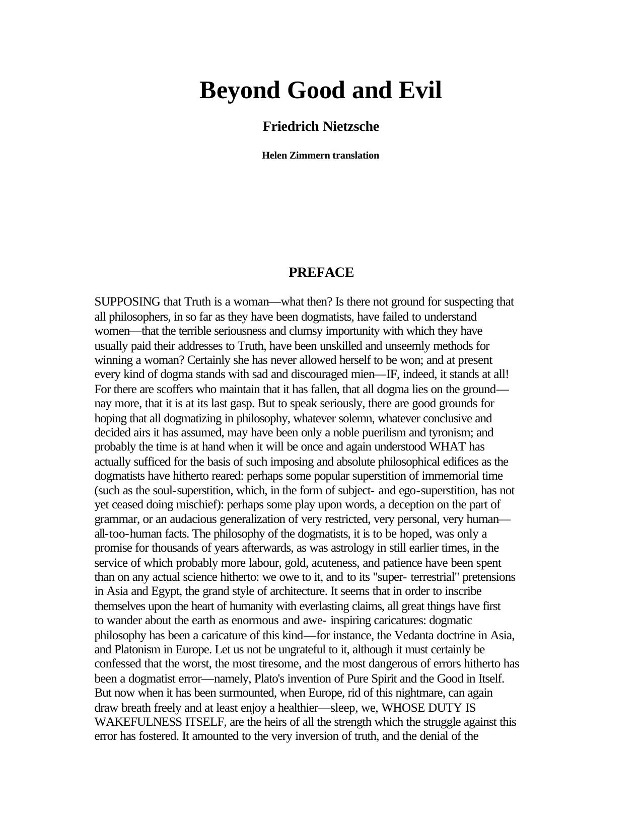 Beyond Good and Evil by Nietzsche Friedrich Zimmern
