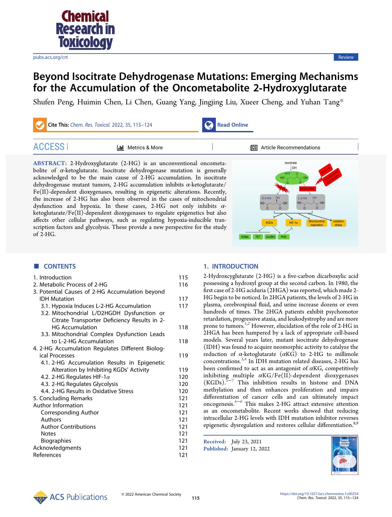 Beyond Isocitrate Dehydrogenase Mutations: Emerging Mechanisms for the Accumulation of the Oncometabolite 2-Hydroxyglutarate by Shufen Peng Huimin Chen Li Chen Guang Yang Jingjing Liu Xueer Cheng and Yuhan Tang