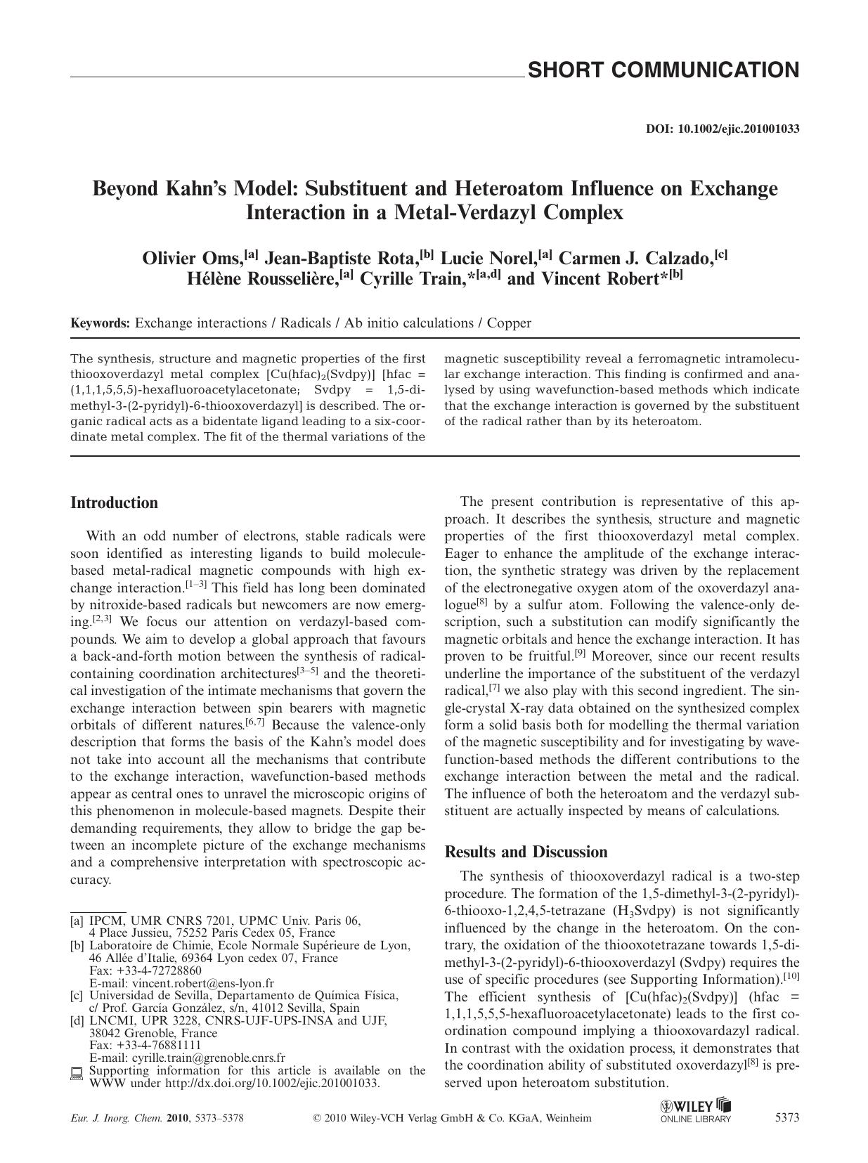 Beyond Kahn's Model: Substituent and Heteroatom Influence on Exchange Interaction in a MetalVerdazyl Complex by Unknown
