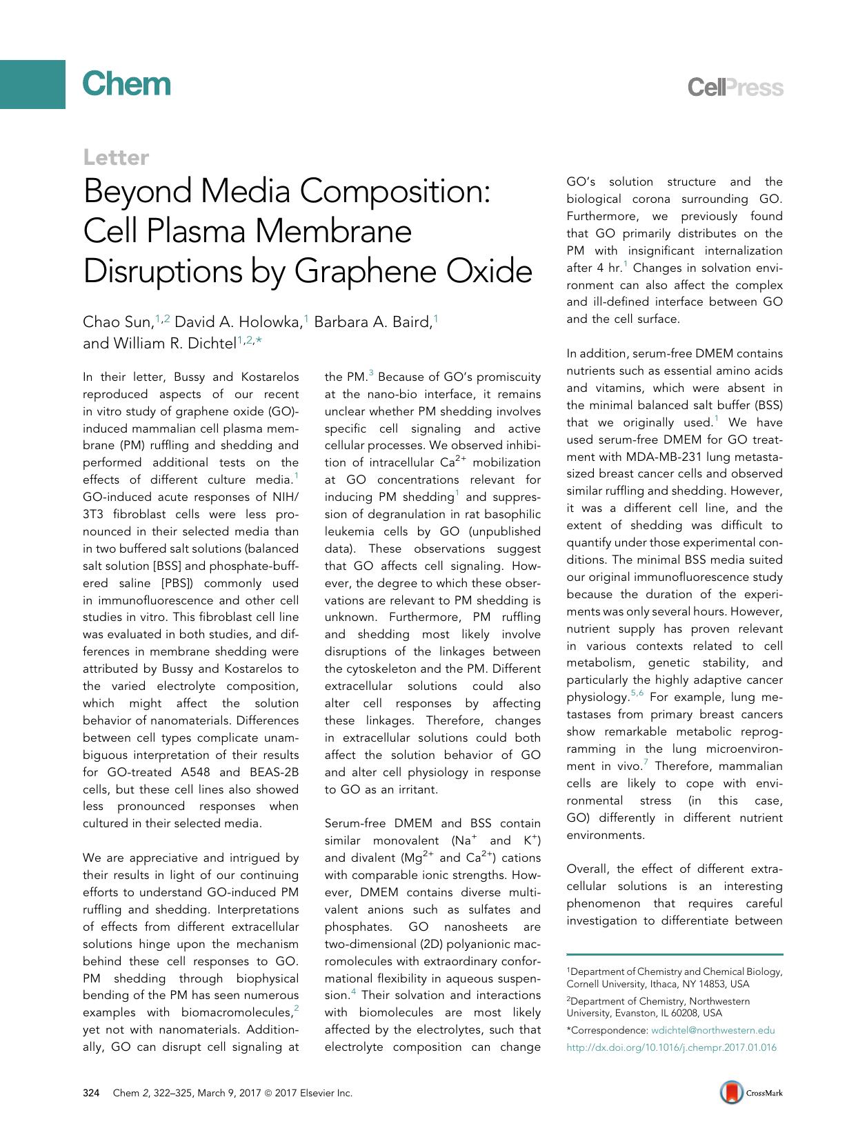 Beyond Media Composition: Cell Plasma Membrane Disruptions by Graphene Oxide by Chao Sun & David A. Holowka & Barbara A. Baird & William R. Dichtel