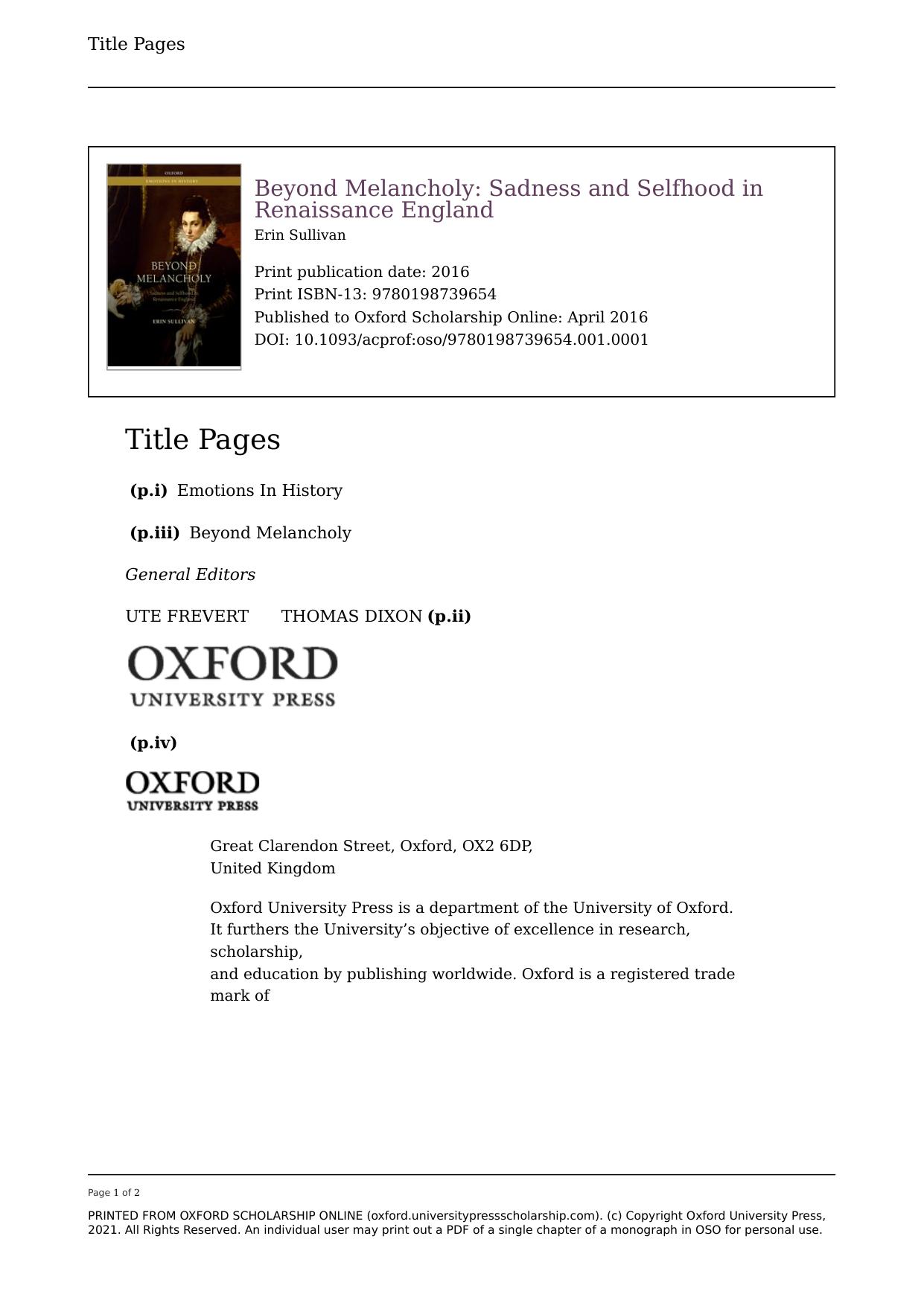 Beyond Melancholy: Sadness and Selfhood in Renaissance England by Erin Sullivan