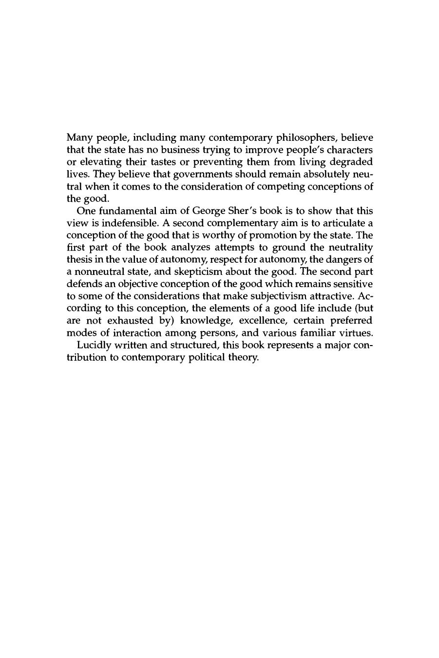 Beyond Neutrality: Perfectionism and Politics by George Sher
