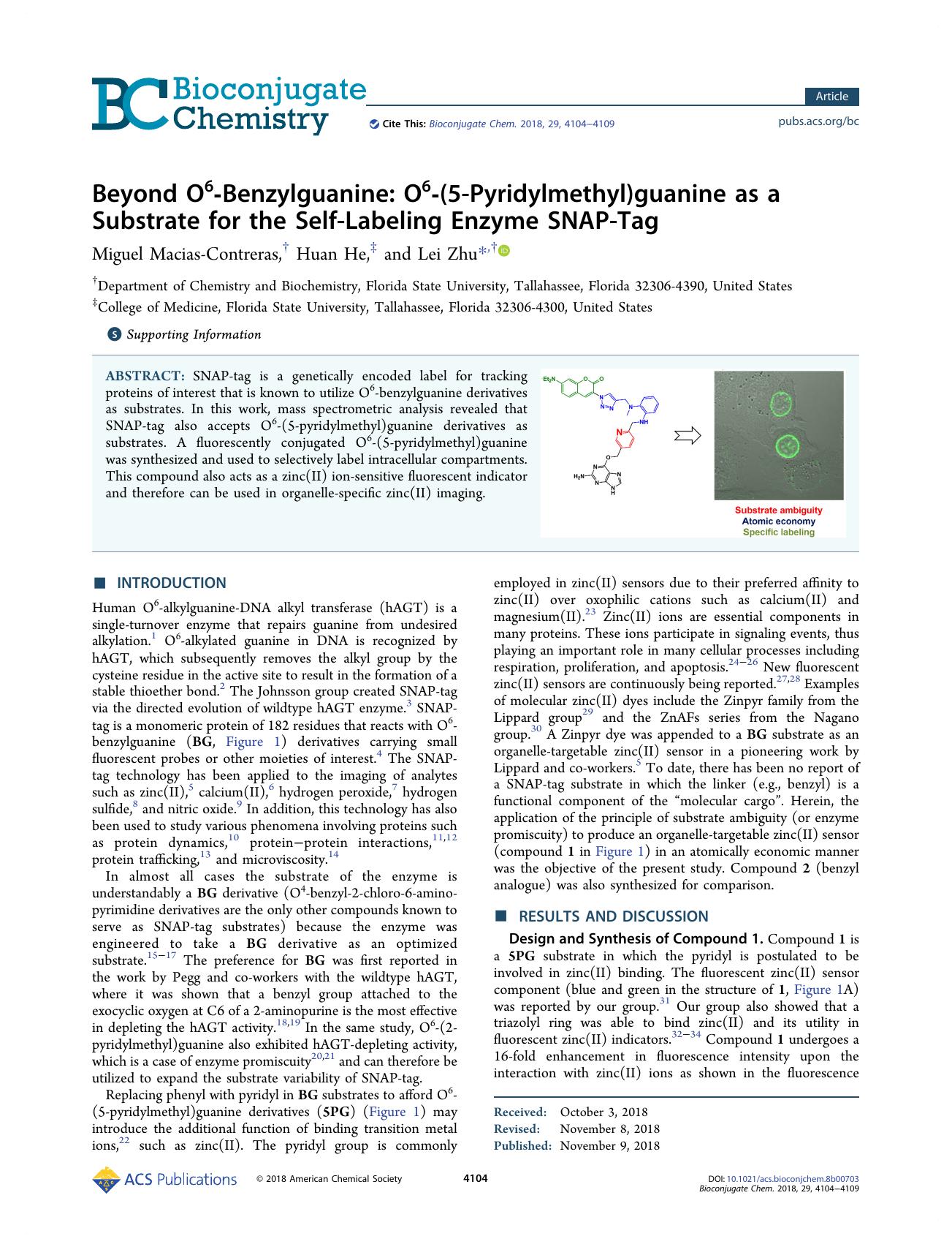 Beyond O6-Benzylguanine: O6-(5-Pyridylmethyl)guanine as a Substrate for the Self-Labeling Enzyme SNAP-Tag by Miguel Macias-Contreras; Huan He; Lei Zhu & Huan He & Lei Zhu