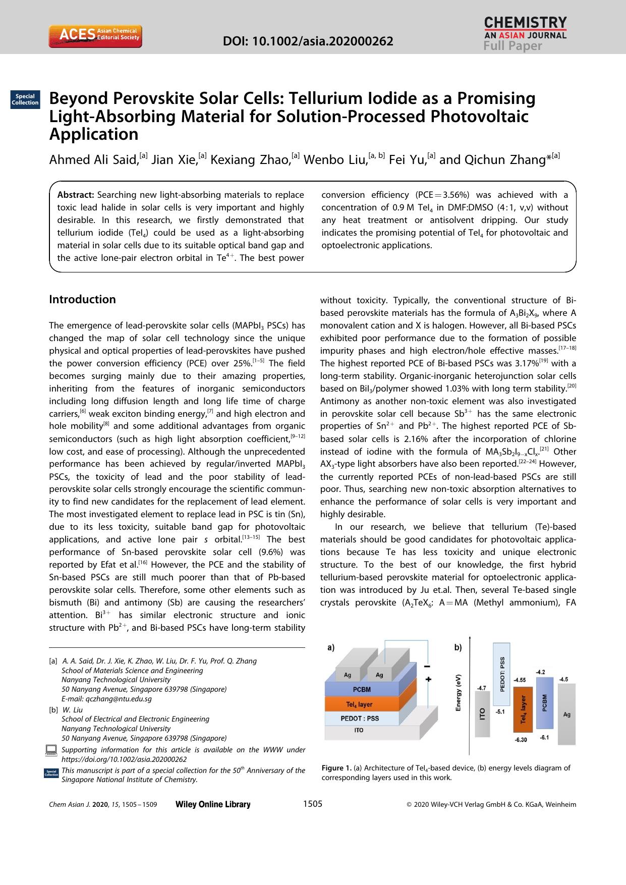 Beyond Perovskite Solar Cells: Tellurium Iodide as a Promising LightâAbsorbing Material for SolutionâProcessed Photovoltaic Application by Unknown