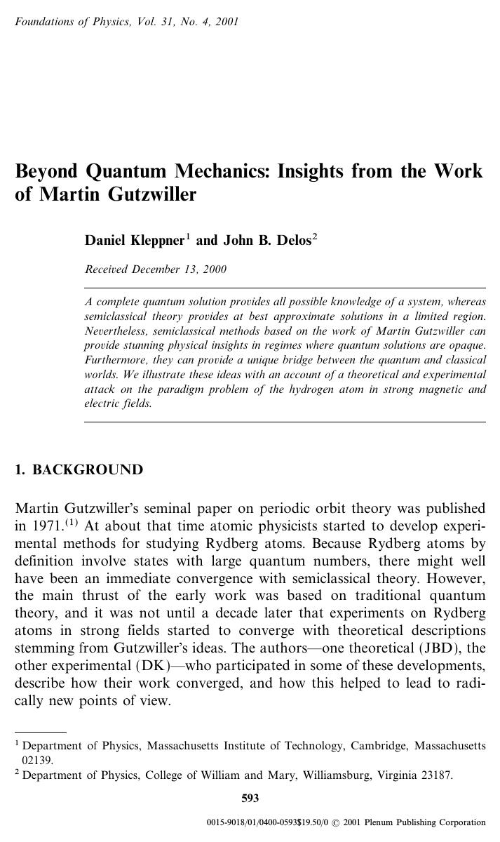 Beyond Quantum Mechanics: Insights from the Work of Martin Gutzwiller by Unknown