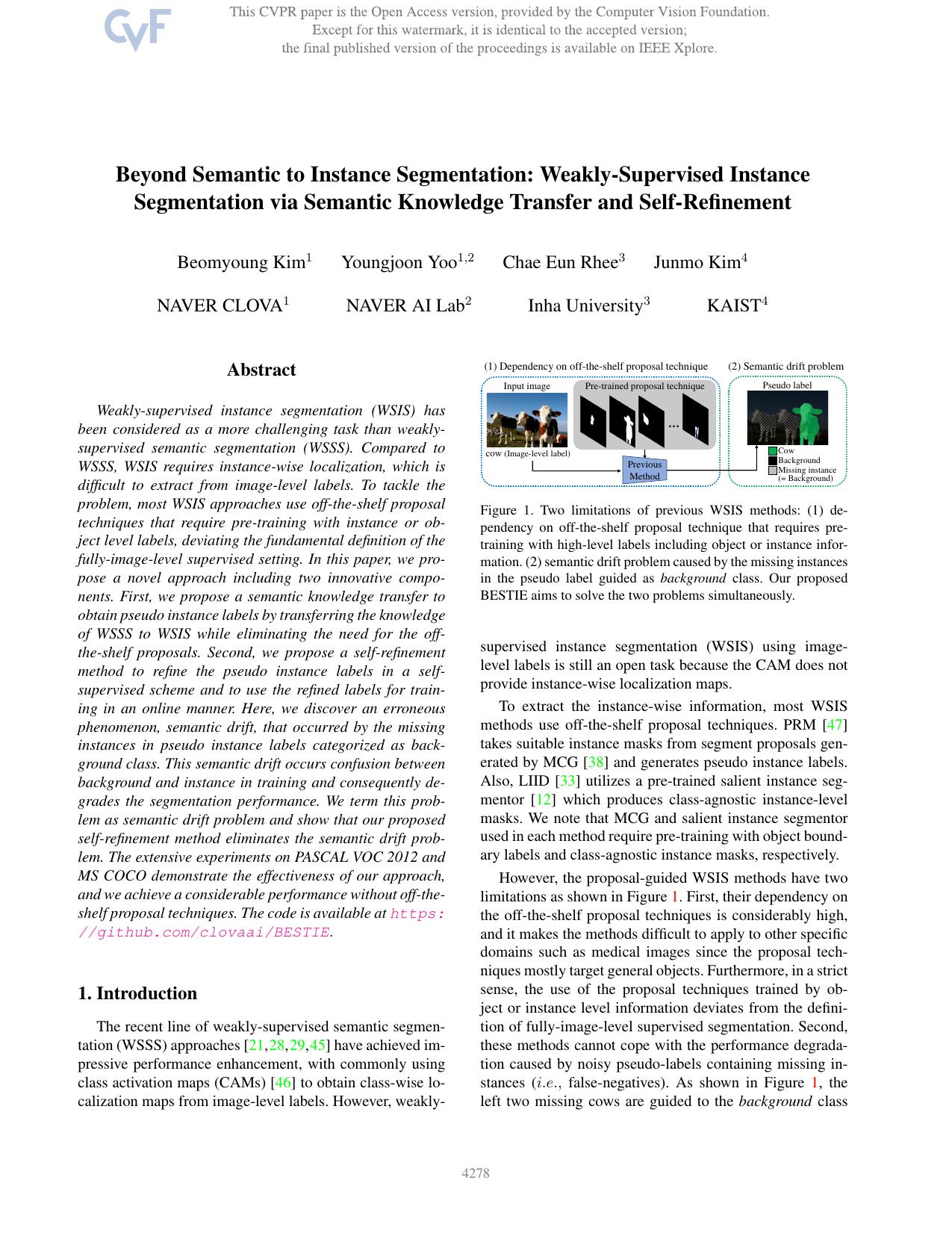 Beyond Semantic to Instance Segmentation: Weakly-Supervised Instance Segmentation via Semantic Knowledge Transfer and Self-Refinement by Beomyoung Kim & YoungJoon Yoo & Chae Eun Rhee & Junmo Kim