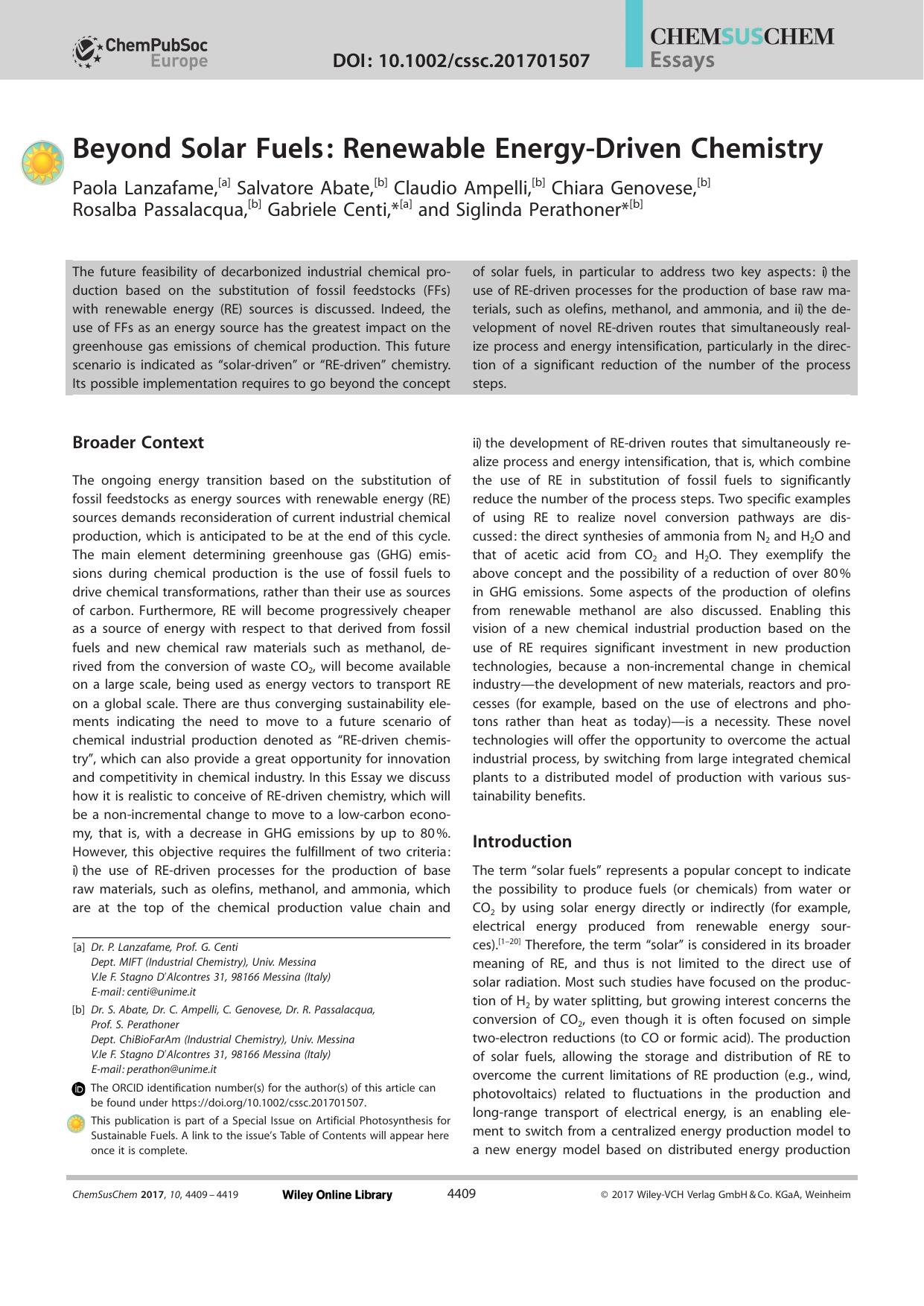 Beyond Solar Fuels: Renewable EnergyâDriven Chemistry by Unknown