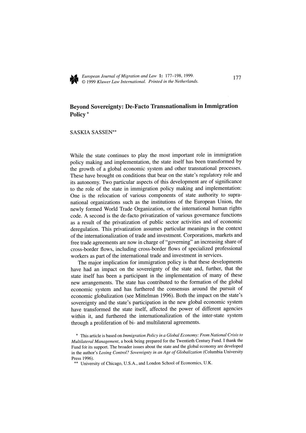 Beyond Sovereignty [De-Facto Transnationalism In Immigration Policy] by Unknown