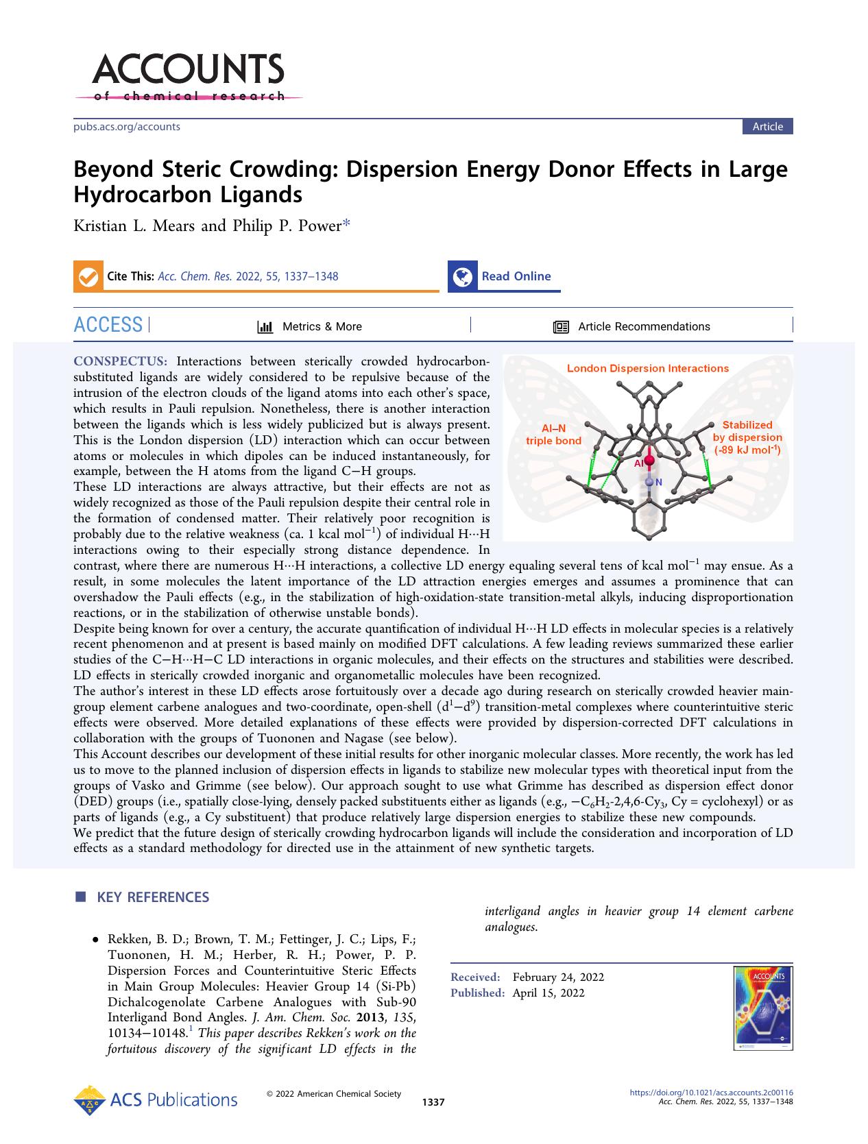 Beyond Steric Crowding: Dispersion Energy Donor Effects in Large Hydrocarbon Ligands by Kristian L. Mears and Philip P. Power