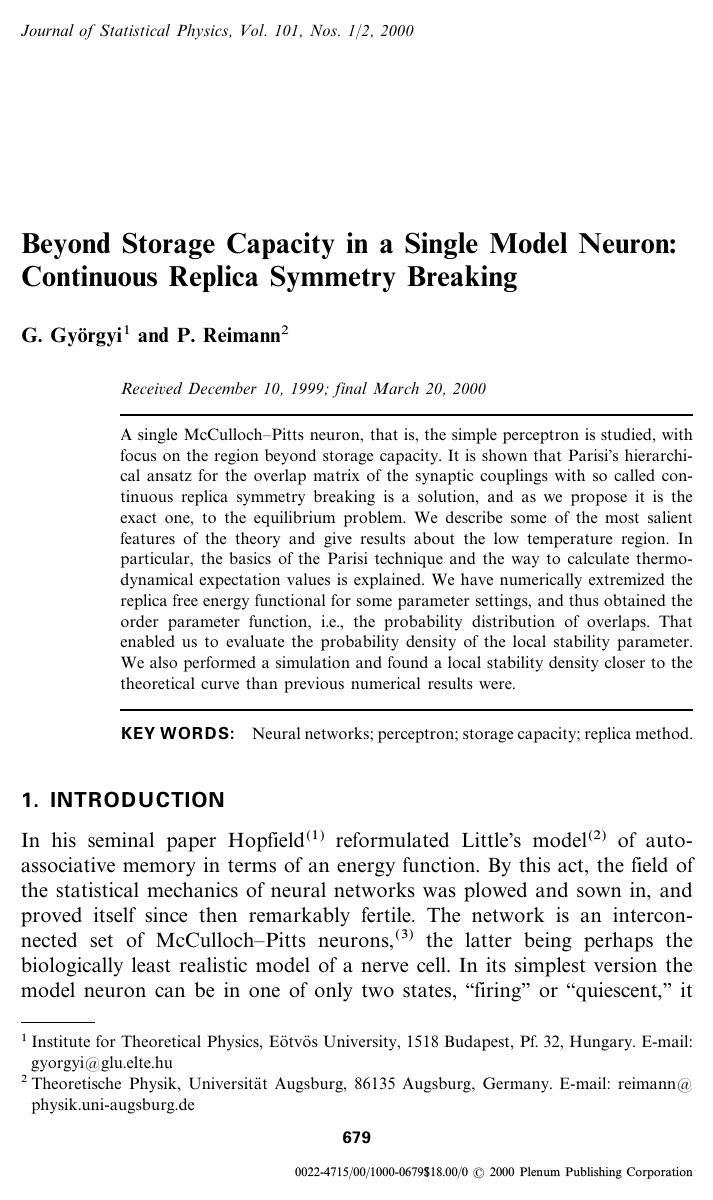 Beyond Storage Capacity in a Single Model Neuron: Continuous Replica Symmetry Breaking by Unknown