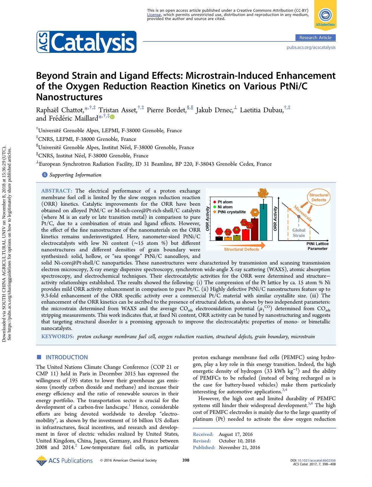 Beyond Strain and Ligand Effects: Microstrain-Induced Enhancement of the Oxygen Reduction Reaction Kinetics on Various PtNiC Nanostructures by Raphaël Chattot Tristan Asset Pierre Bordet Jakub Drnec Laetitia Dubau & Frédéric Maillard
