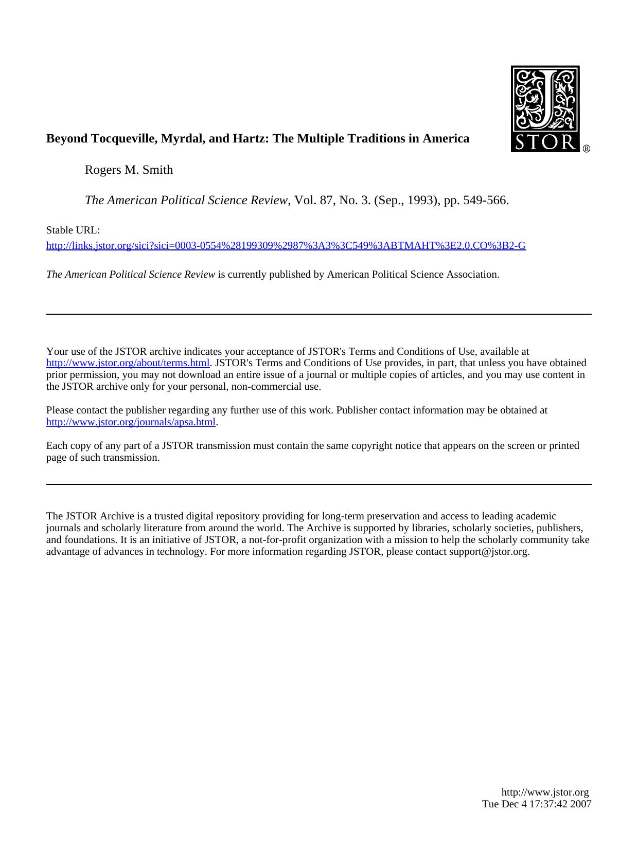Beyond Tocqueville, Myrdal, And Hartz [The Multiple Traditions In America] by Unknown