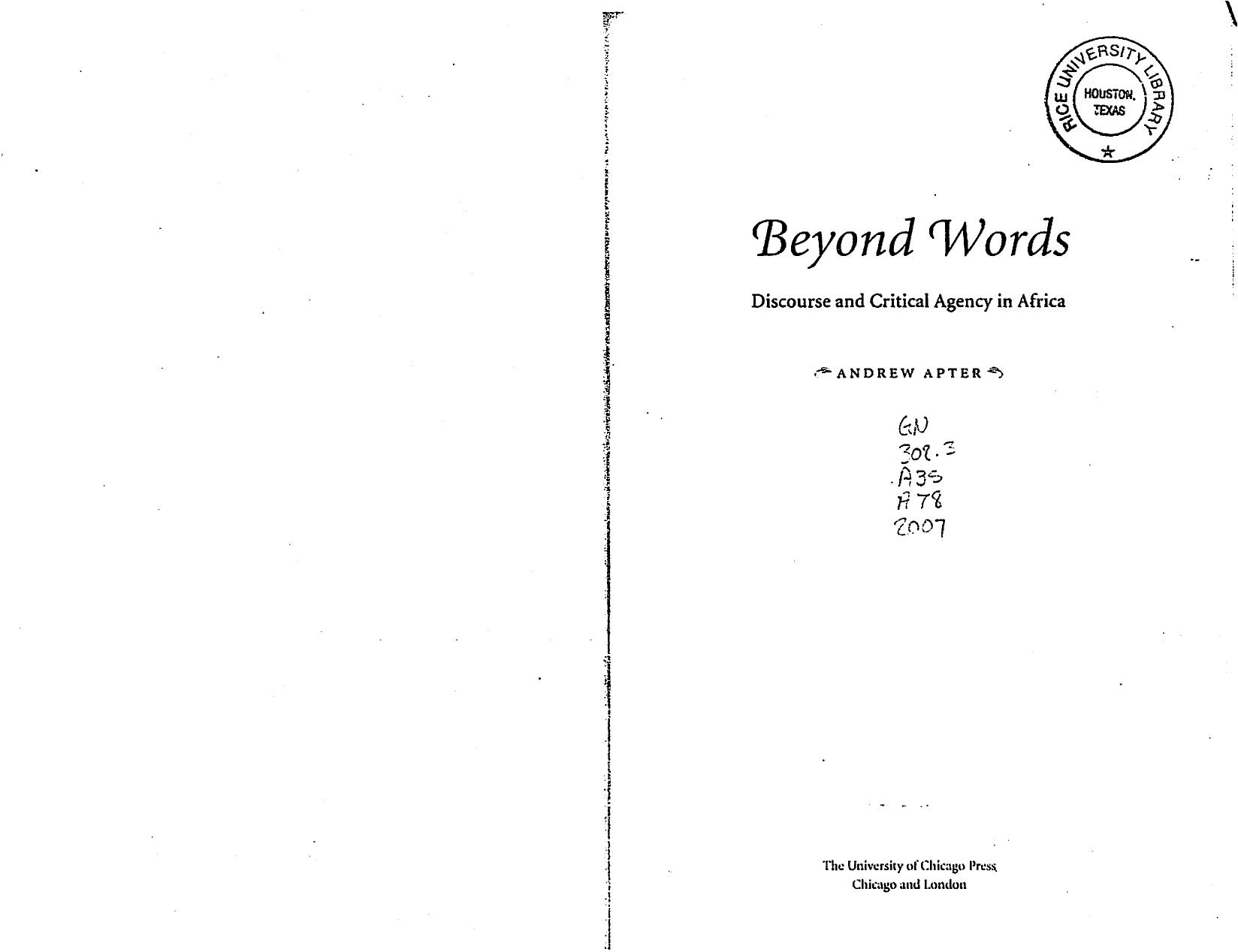Beyond Words: Discourse and Critical Agency in Africa by Andrew Apter