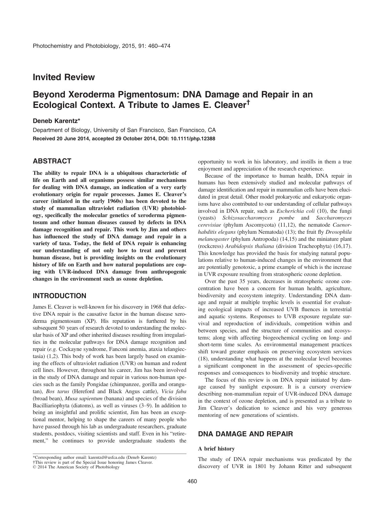 Beyond Xeroderma Pigmentosum: DNA Damage and Repair in an Ecological Context. A Tribute to James E. Cleaver by Unknown