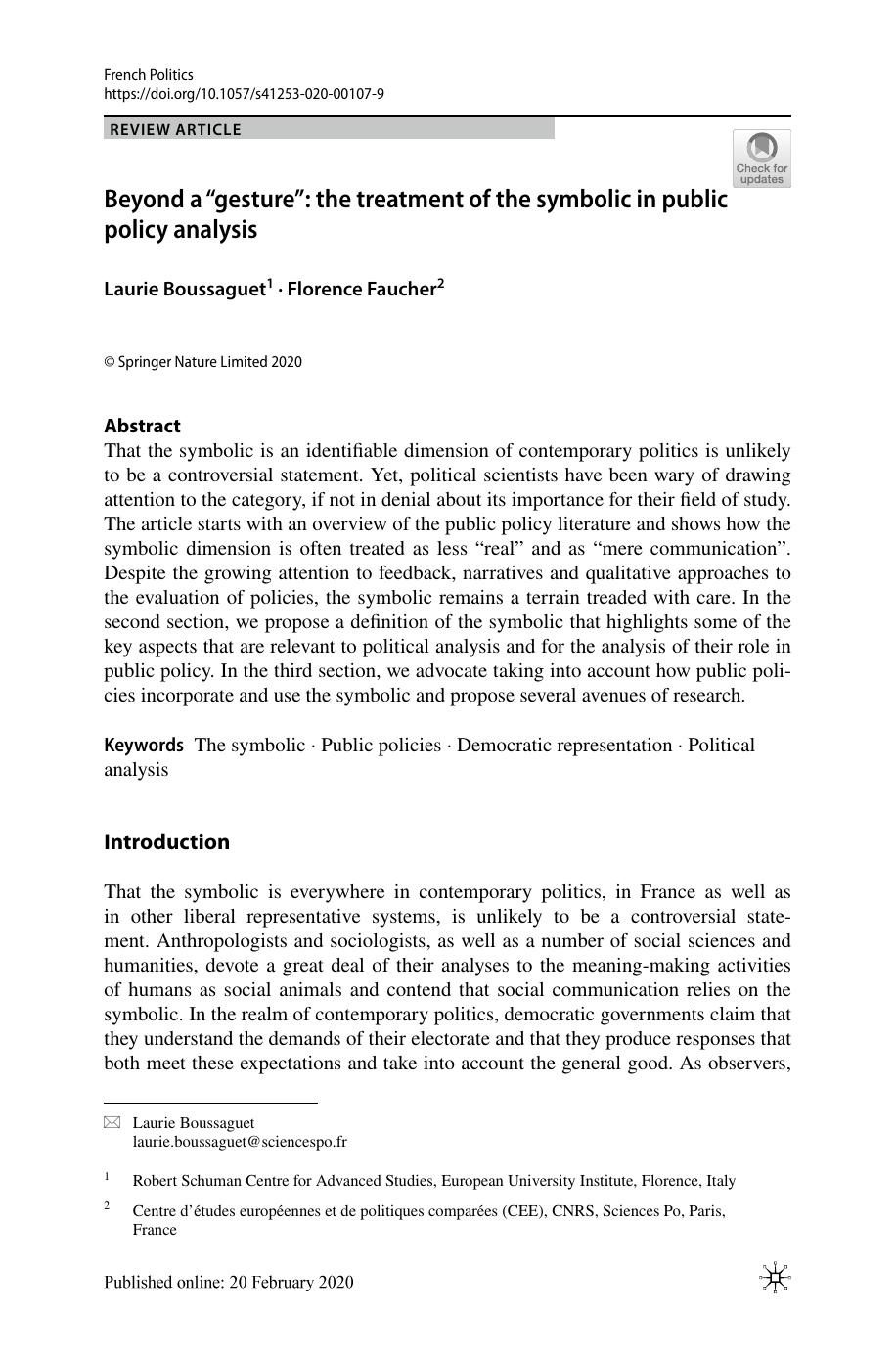 Beyond a âgestureâ: the treatment of the symbolic in public policy analysis by Laurie Boussaguet & Florence Faucher