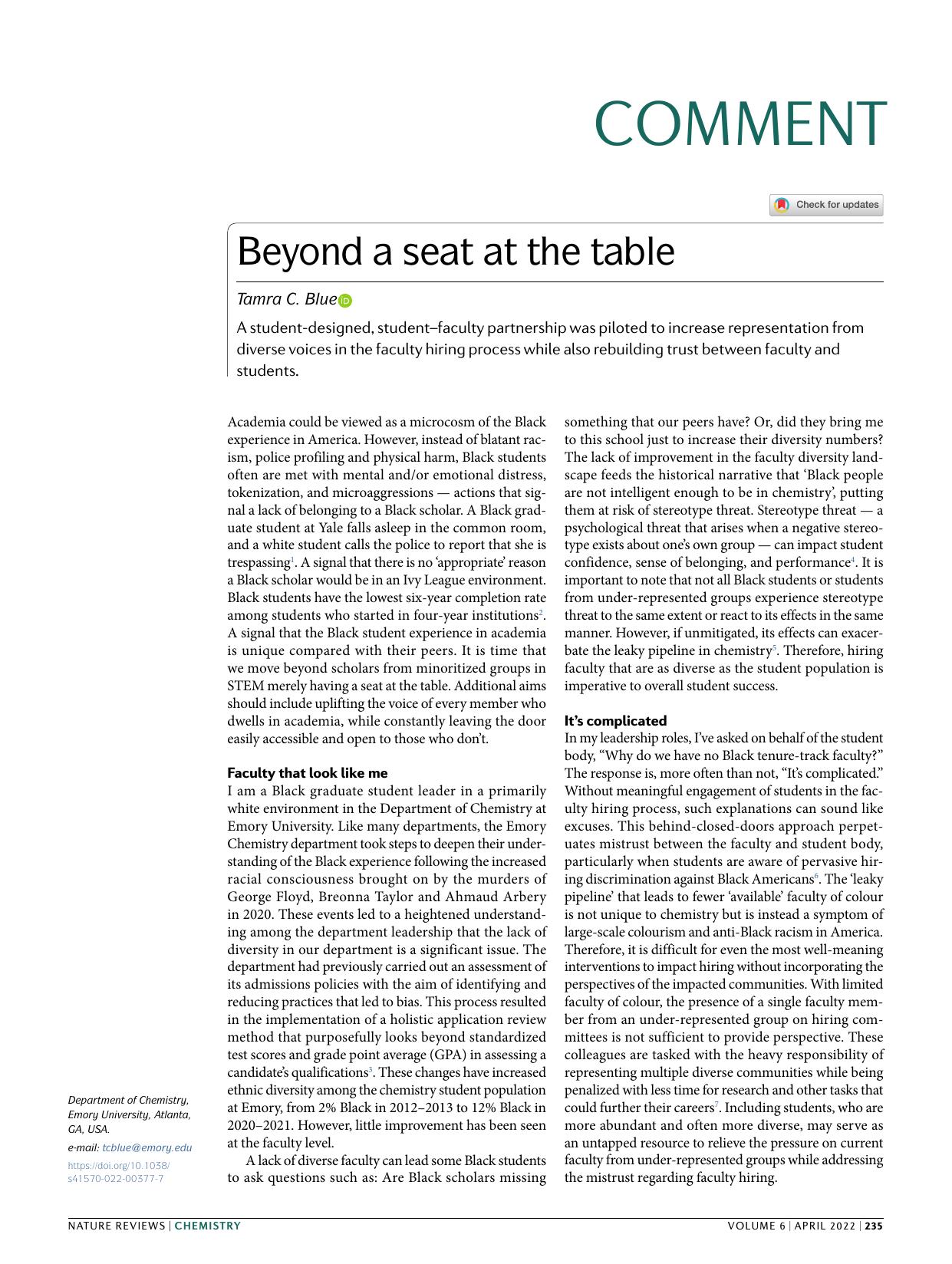 Beyond a seat at the table by Tamra C. Blue