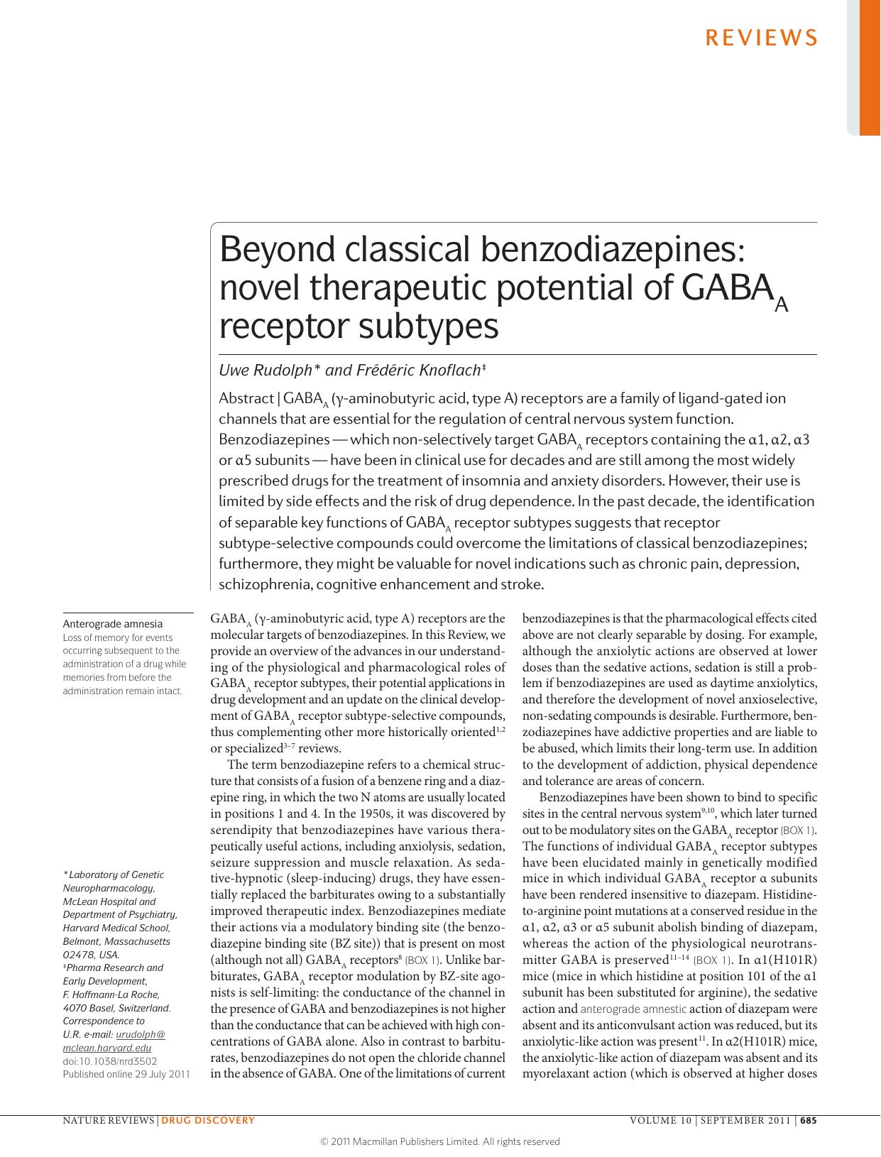 Beyond classical benzodiazepines: novel therapeutic potential of GABAA receptor subtypes by Uwe Rudolph & Frédéric Knoflach