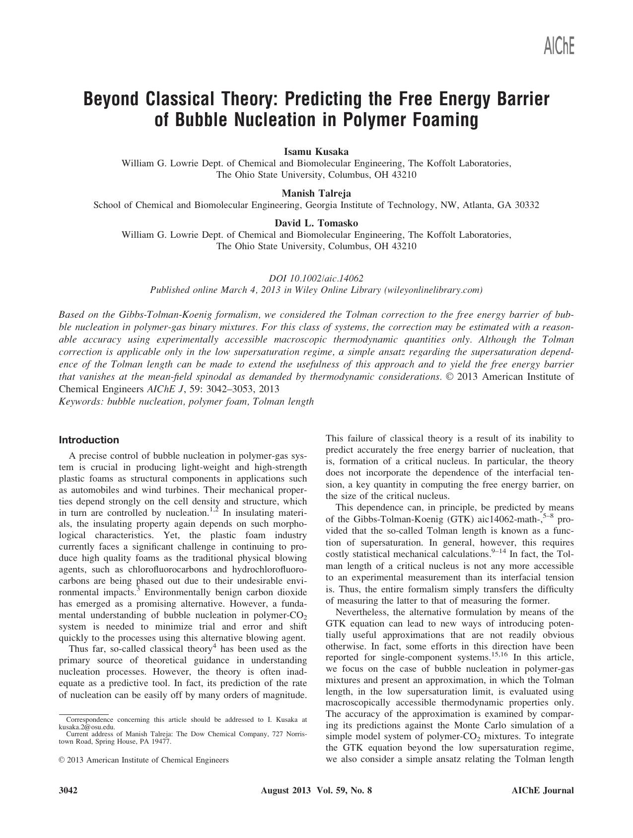 Beyond classical theory: Predicting the free energy barrier of bubble nucleation in polymer foaming by Unknown