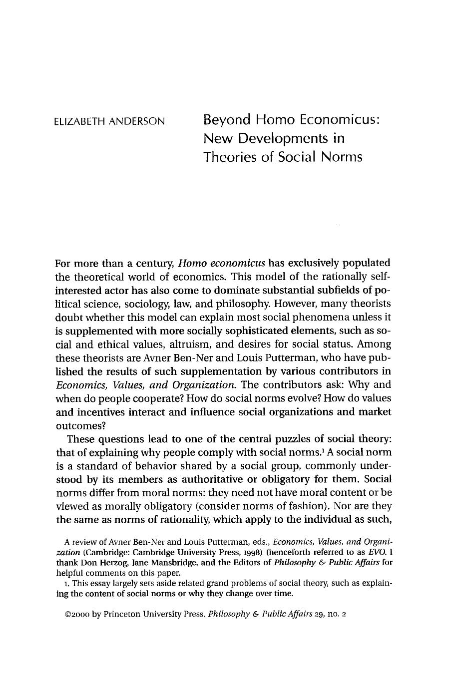 Beyond homo economicus: New developments in theories of social norms by Anderson E