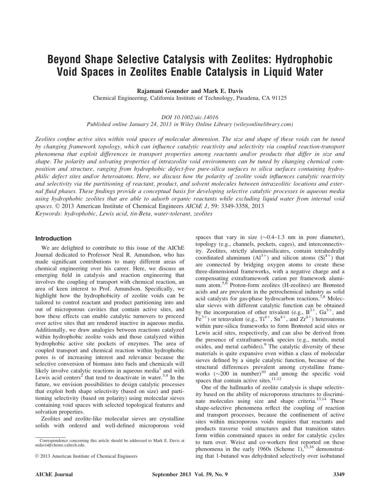 Beyond shape selective catalysis with zeolites: Hydrophobic void spaces in zeolites enable catalysis in liquid water by Unknown