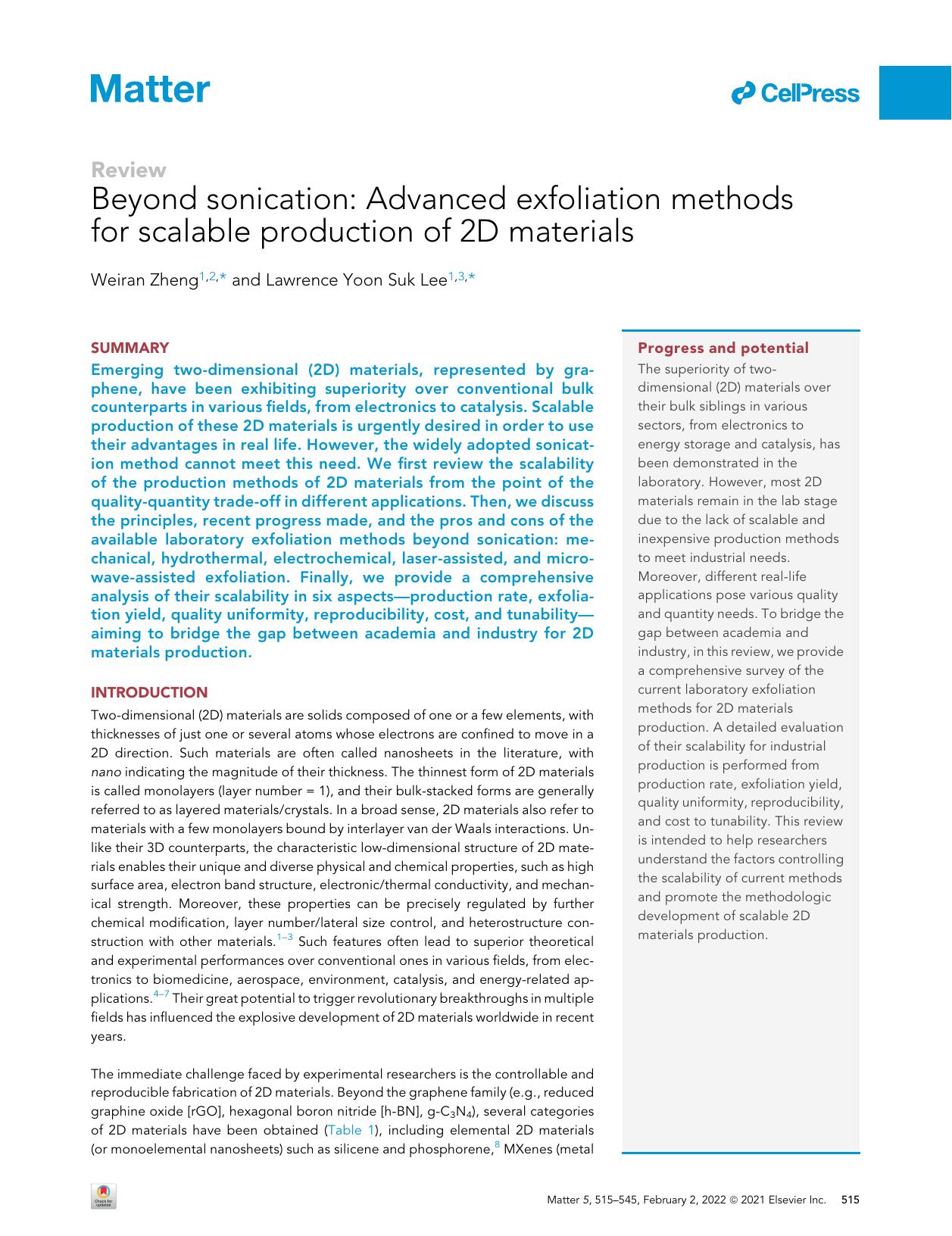 Beyond sonication: Advanced exfoliation methods for scalable production of 2D materials by Weiran Zheng & Lawrence Yoon Suk Lee