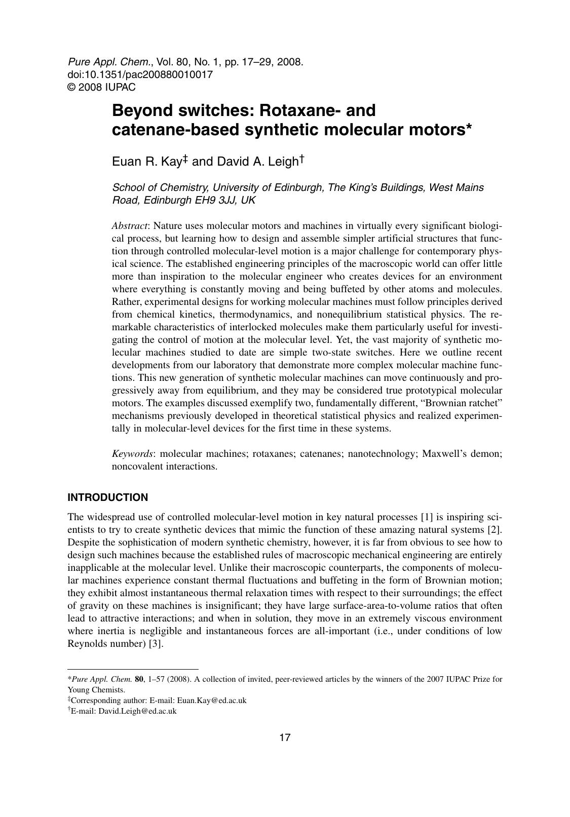 Beyond switches: Rotaxane- and catenane-based synthetic molecular motors by Euan R. Kay & David A. Leigh